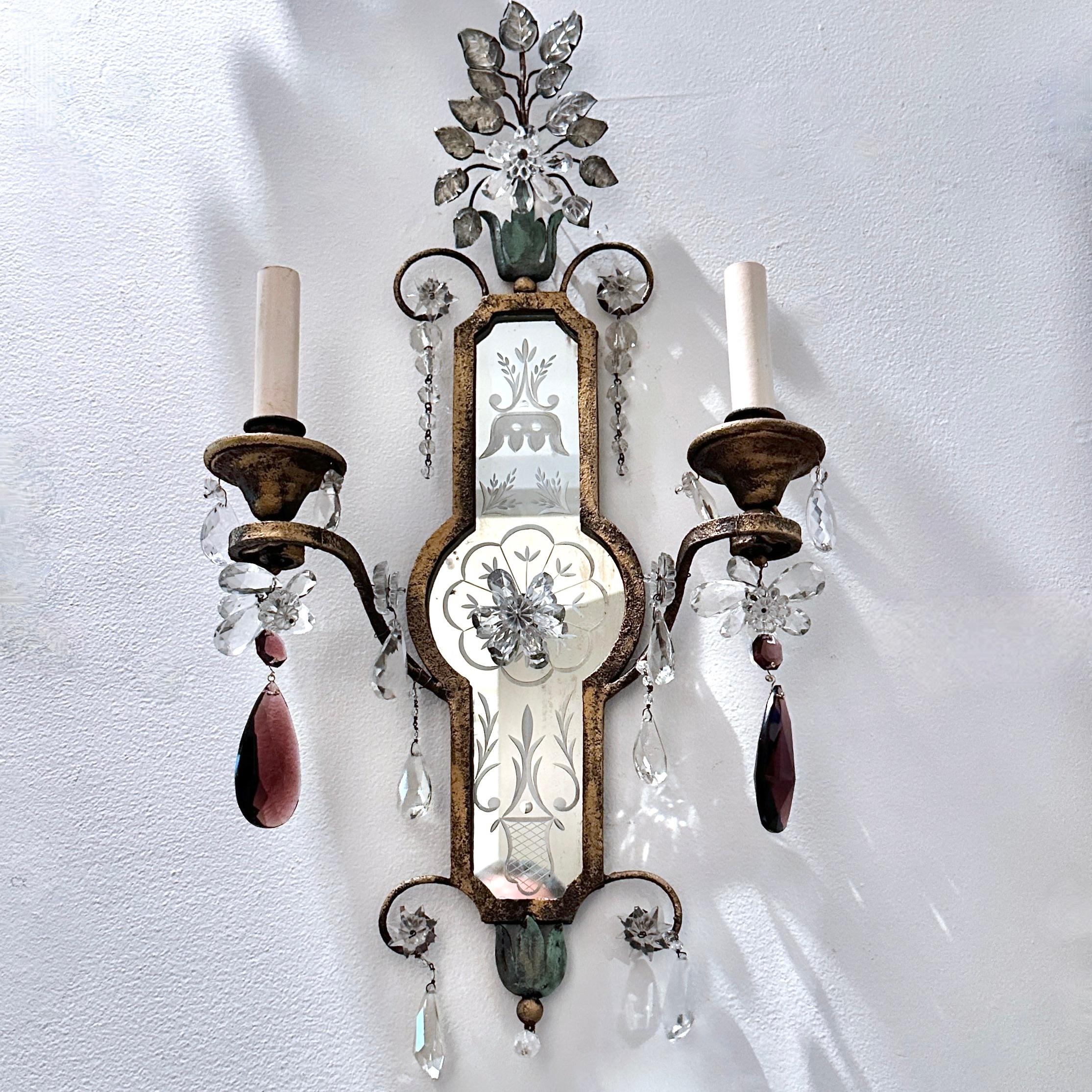 Crystal Pair of French Bagues Sconces with Mirror Backs     For Sale