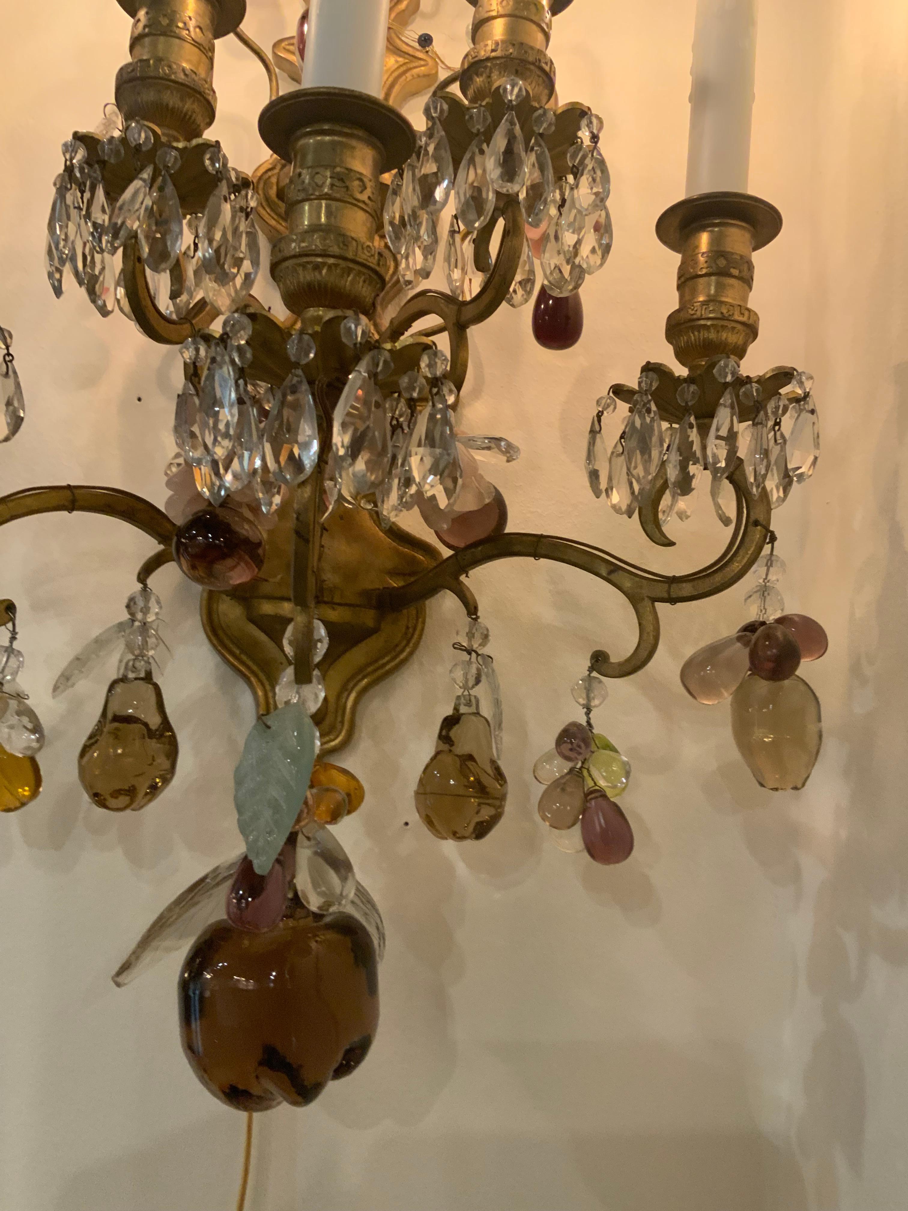 Pair of French Bagues sconces with multiple colored crystals In Excellent Condition For Sale In Houston, TX