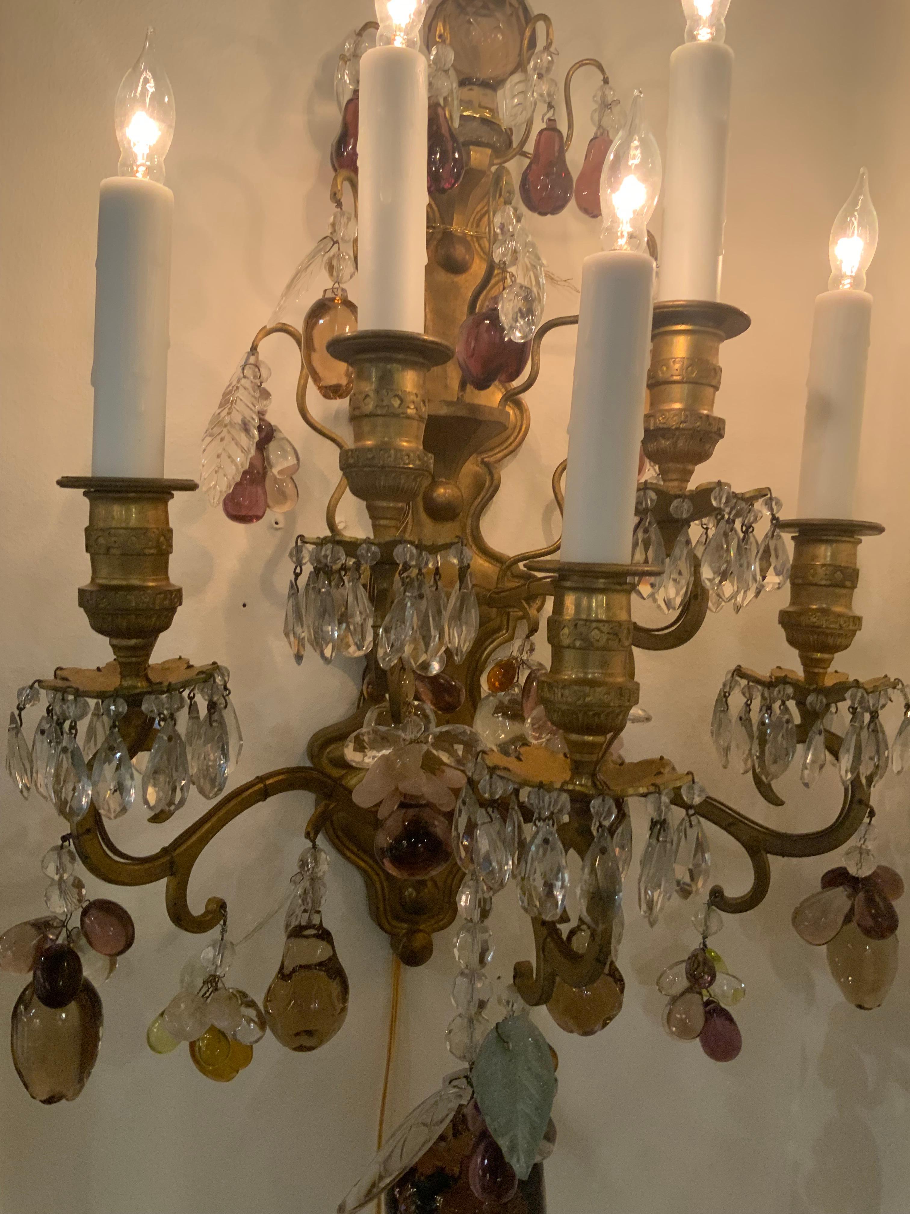 20th Century Pair of French Bagues sconces with multiple colored crystals For Sale