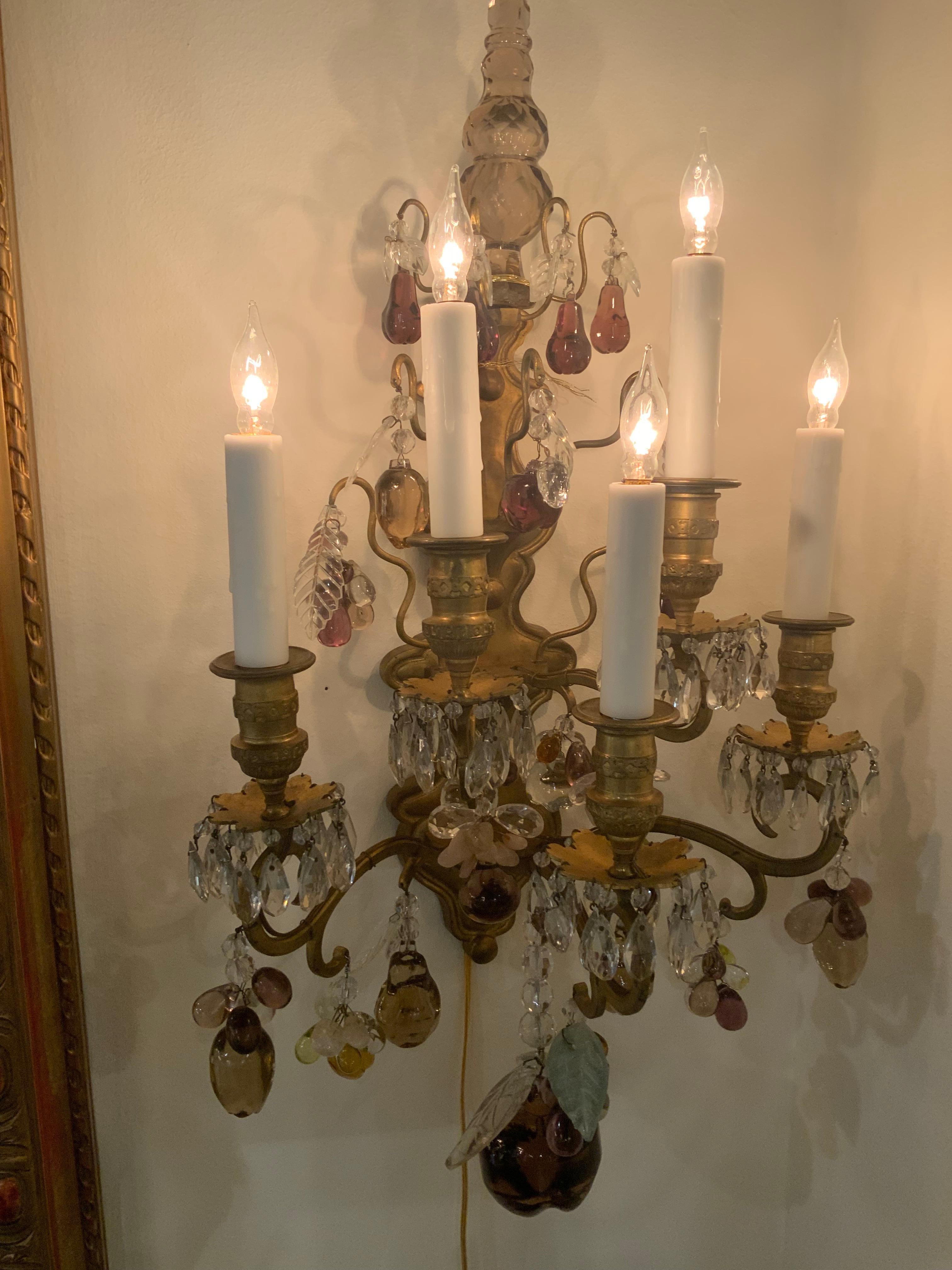 Crystal Pair of French Bagues sconces with multiple colored crystals For Sale