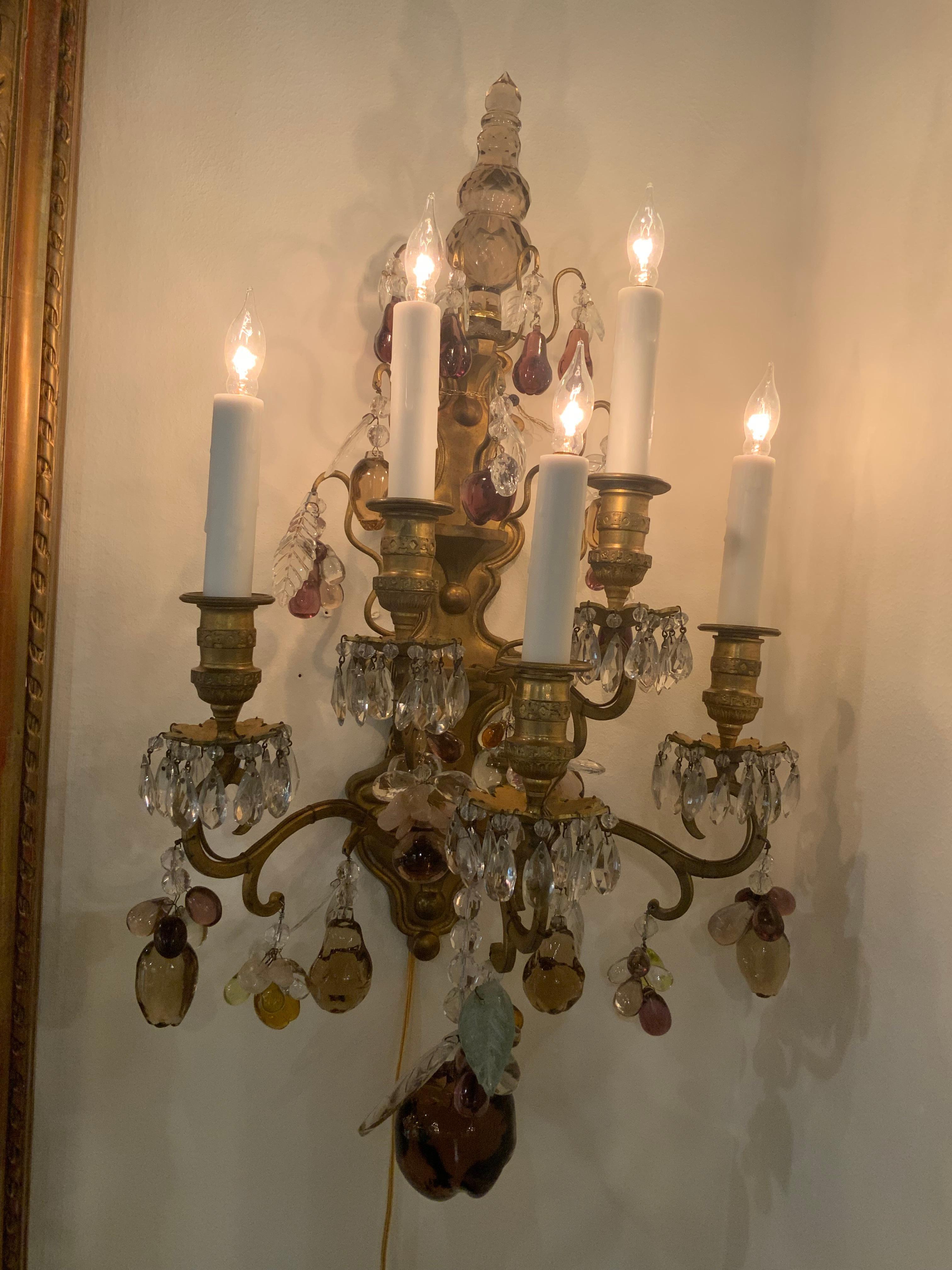 Pair of French Bagues sconces with multiple colored crystals For Sale 1