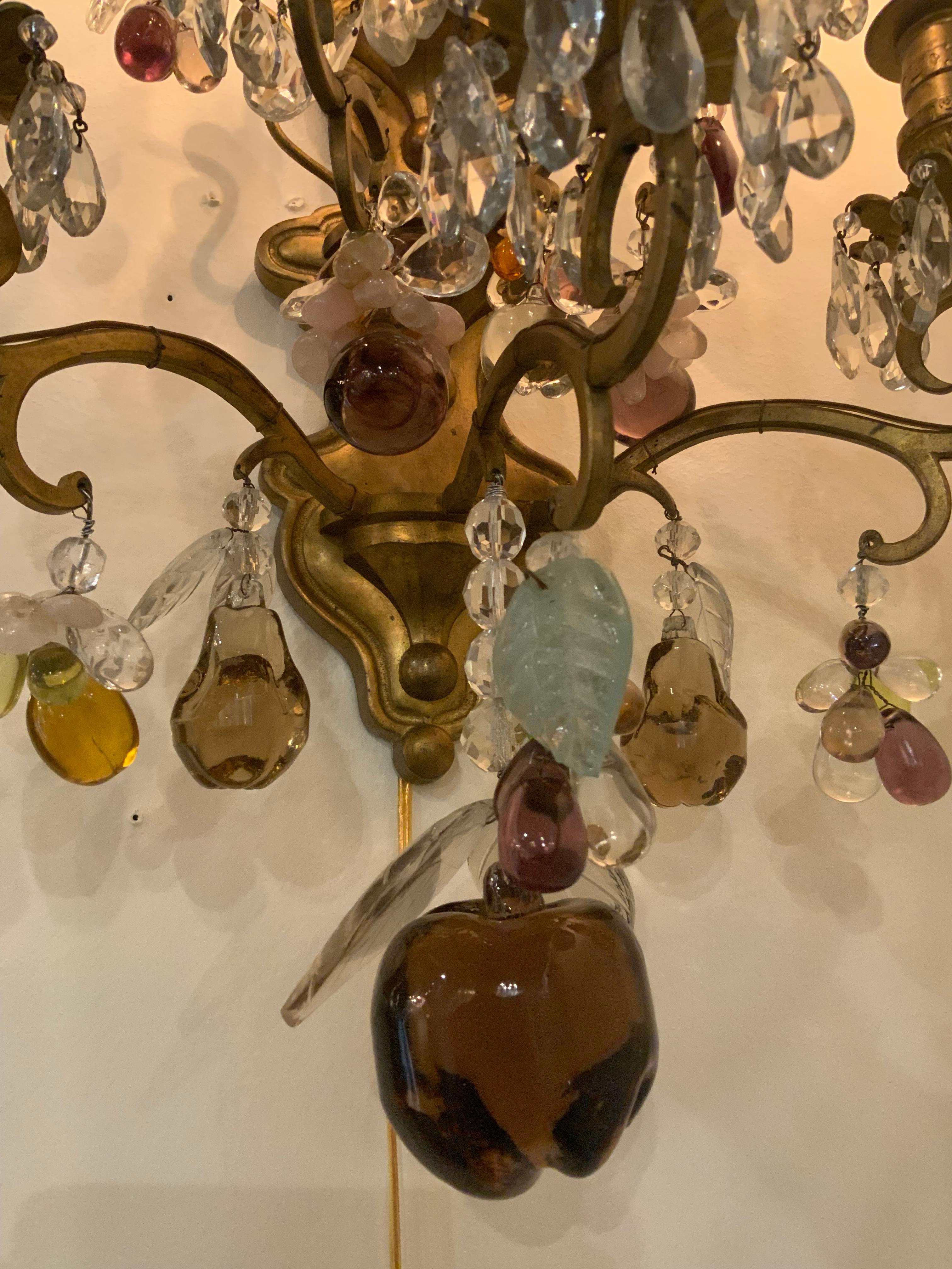 Pair of French Bagues sconces with multiple colored crystals For Sale 2