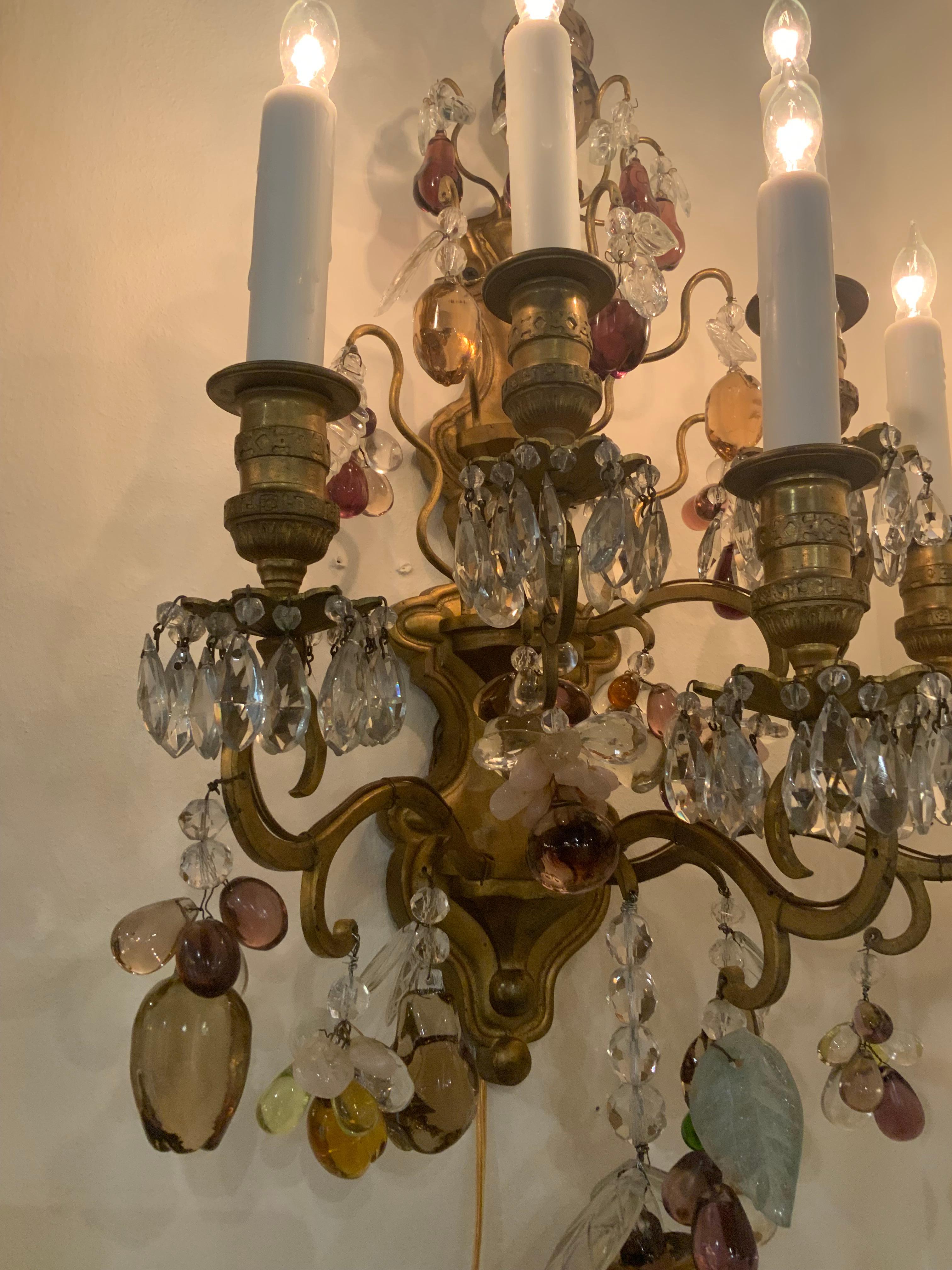Pair of French Bagues sconces with multiple colored crystals For Sale 3