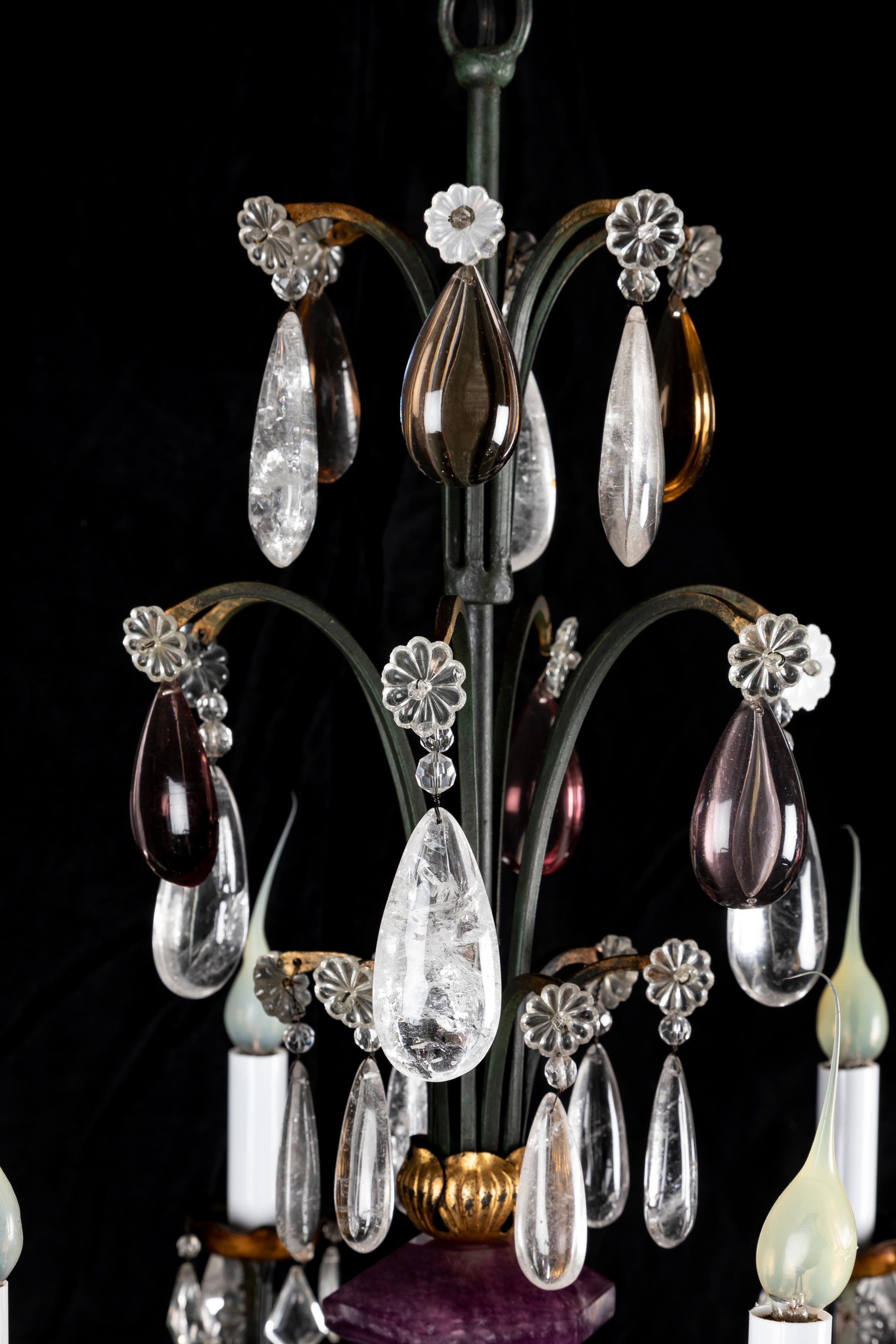 Pair of French Bagues Style Bronze and Rock Crystal Fruit Chandeliers For Sale 4