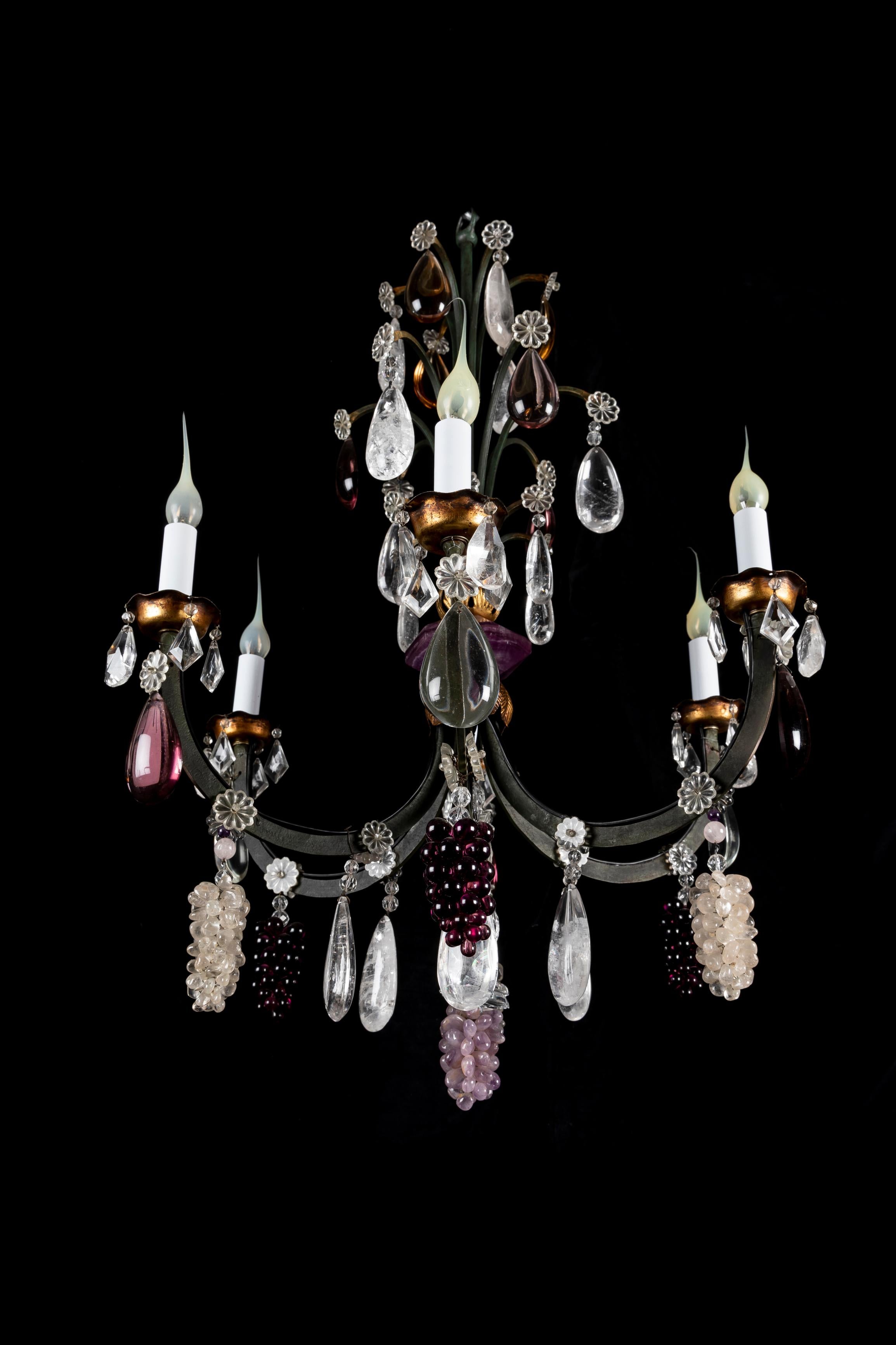 Pair of French Bagues Style Bronze and Rock Crystal Fruit Chandeliers For Sale 5