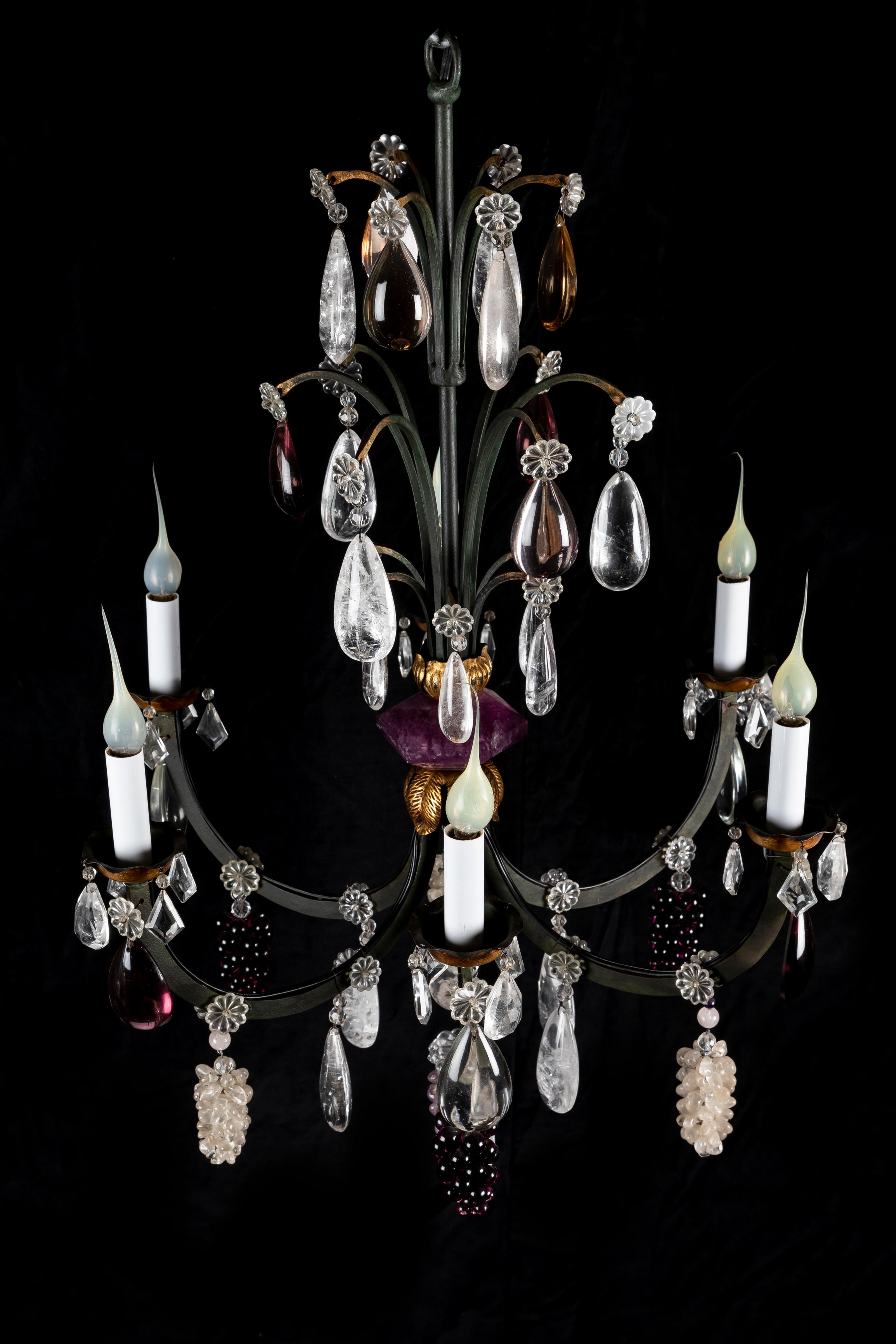 Pair of French Bagues Style Bronze and Rock Crystal Fruit Chandeliers For Sale 6