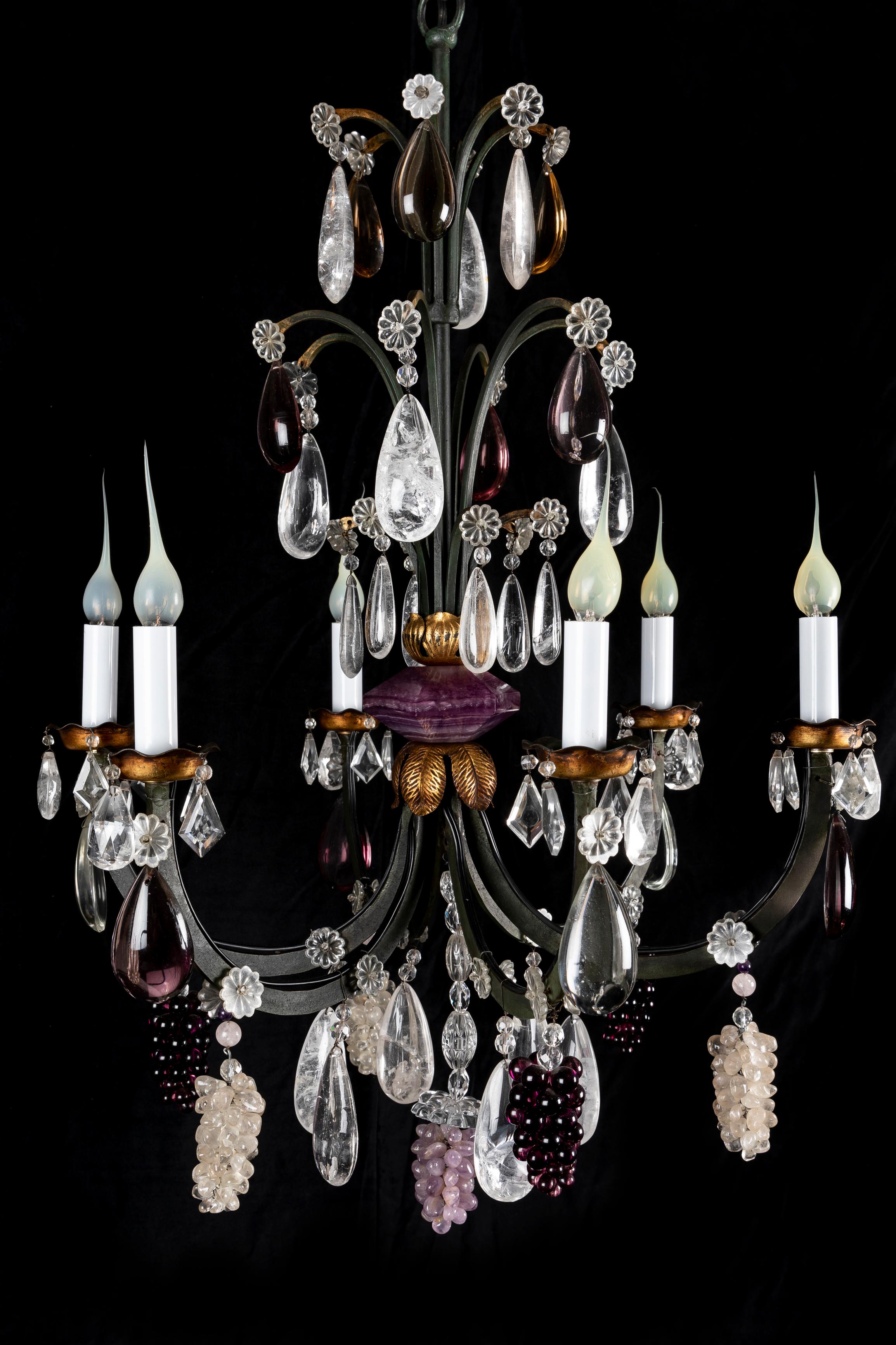 Louis XVI Pair of French Bagues Style Bronze and Rock Crystal Fruit Chandeliers For Sale
