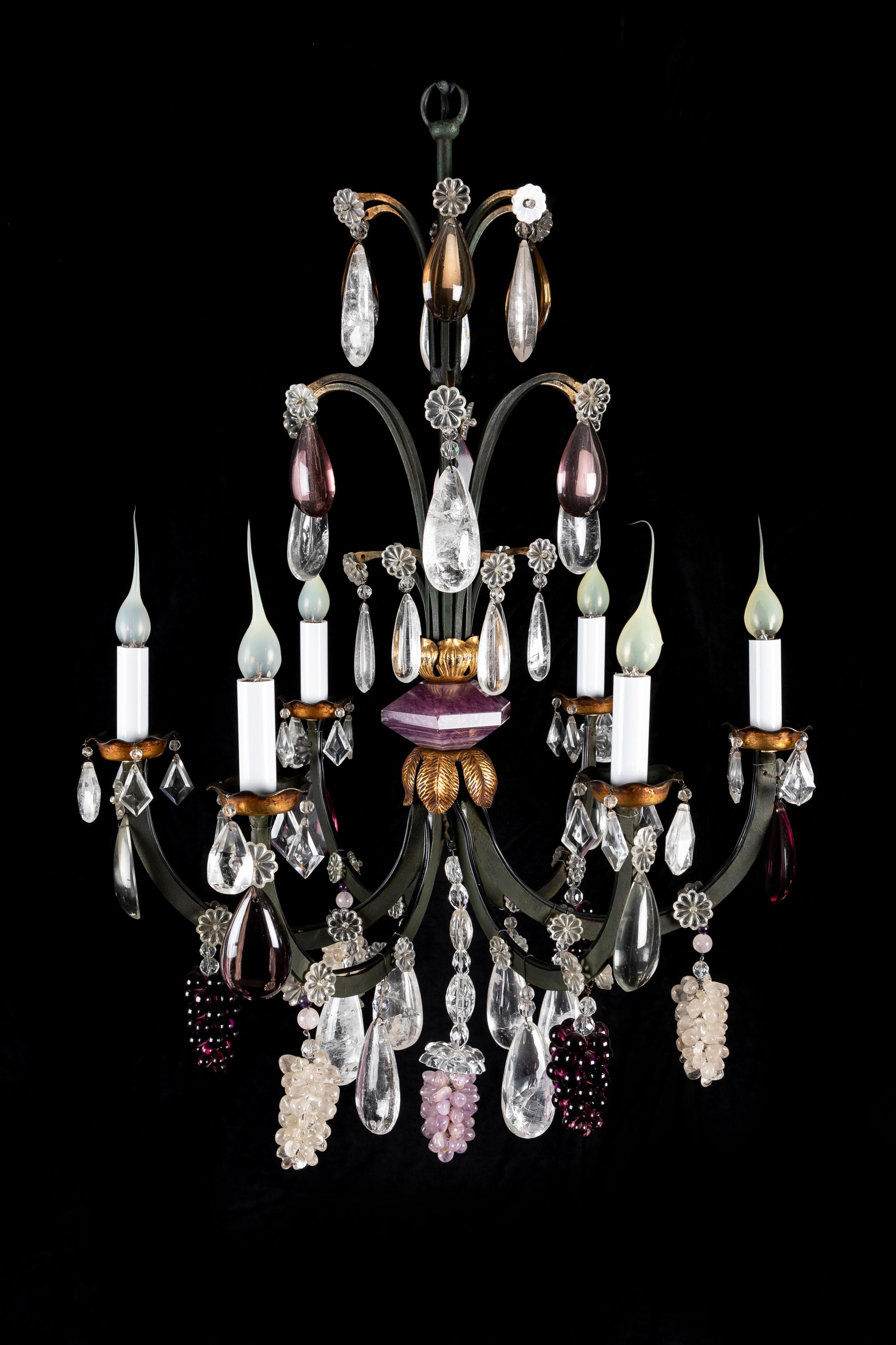 Hand-Crafted Pair of French Bagues Style Bronze and Rock Crystal Fruit Chandeliers For Sale