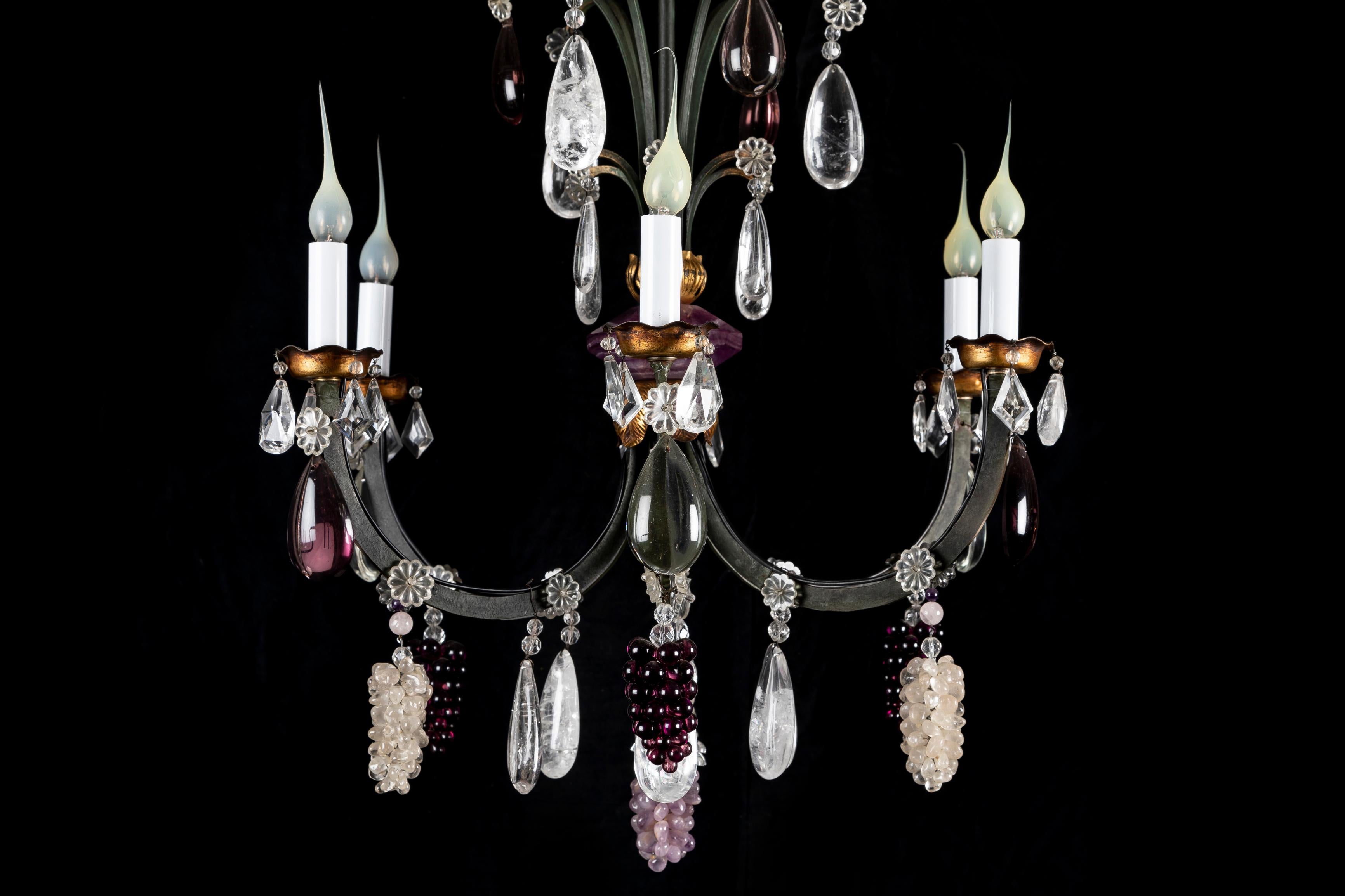 Pair of French Bagues Style Bronze and Rock Crystal Fruit Chandeliers In Good Condition For Sale In New York, NY
