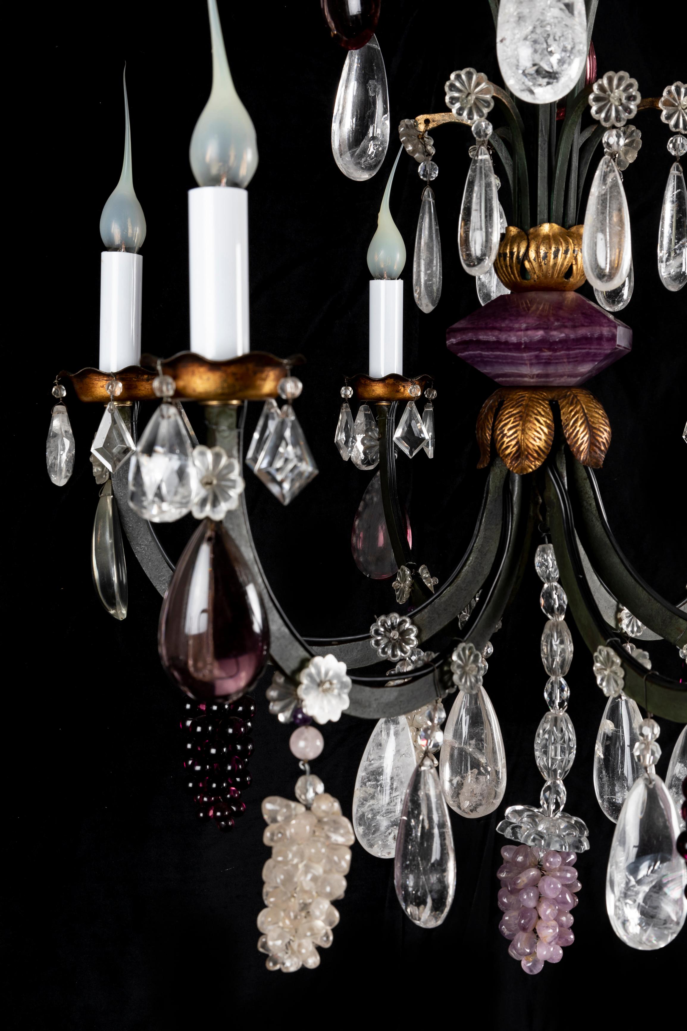 20th Century Pair of French Bagues Style Bronze and Rock Crystal Fruit Chandeliers For Sale