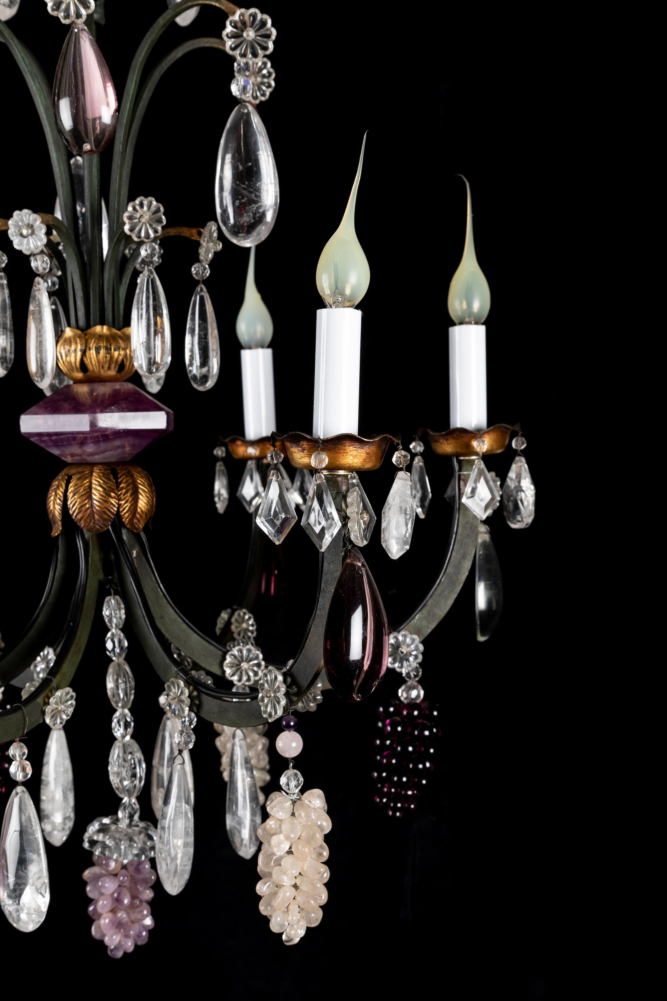 Pair of French Bagues Style Bronze and Rock Crystal Fruit Chandeliers For Sale 1