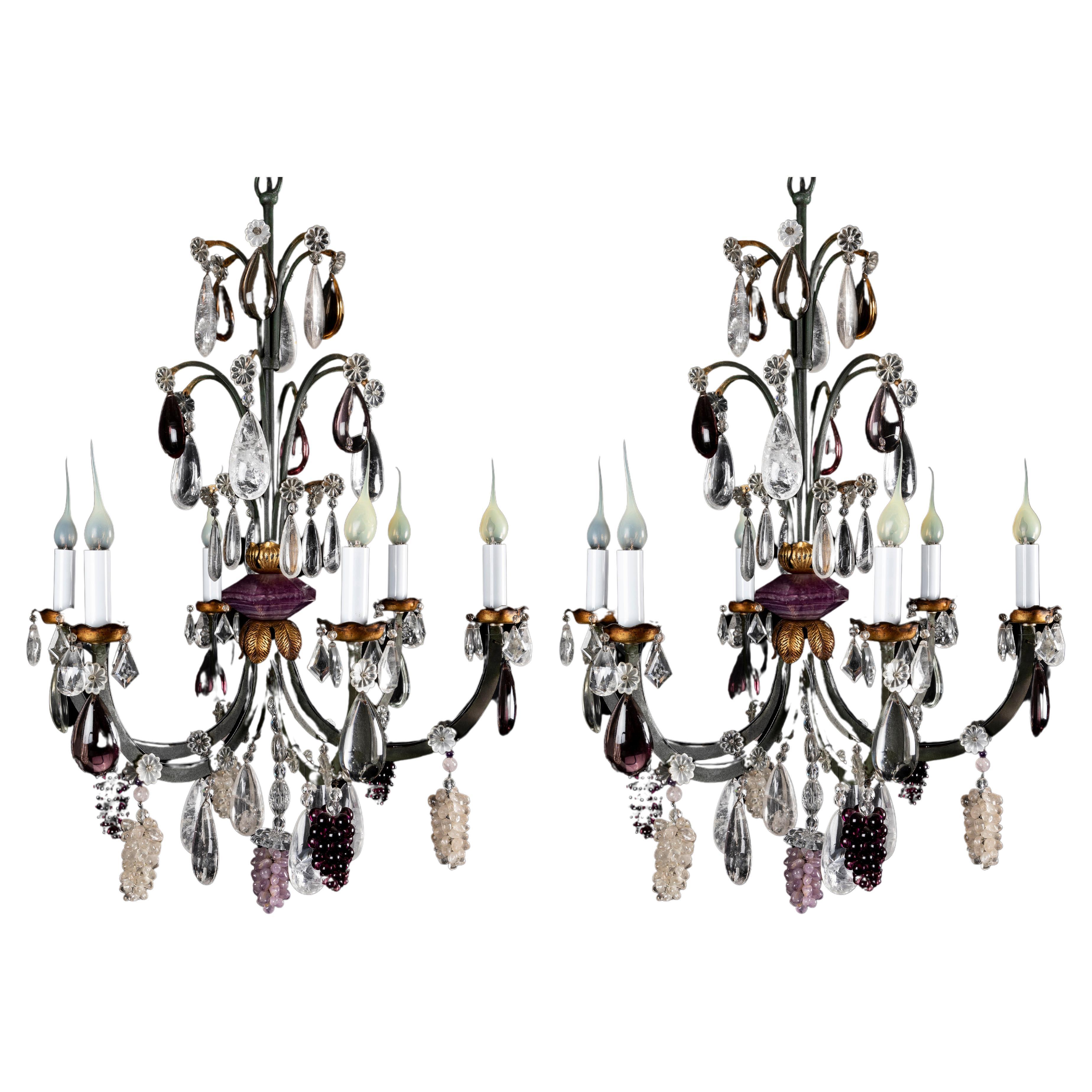 Pair of French Bagues Style Bronze and Rock Crystal Fruit Chandeliers For Sale