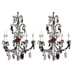 Pair of French Bagues Style Bronze and Rock Crystal Fruit Chandeliers