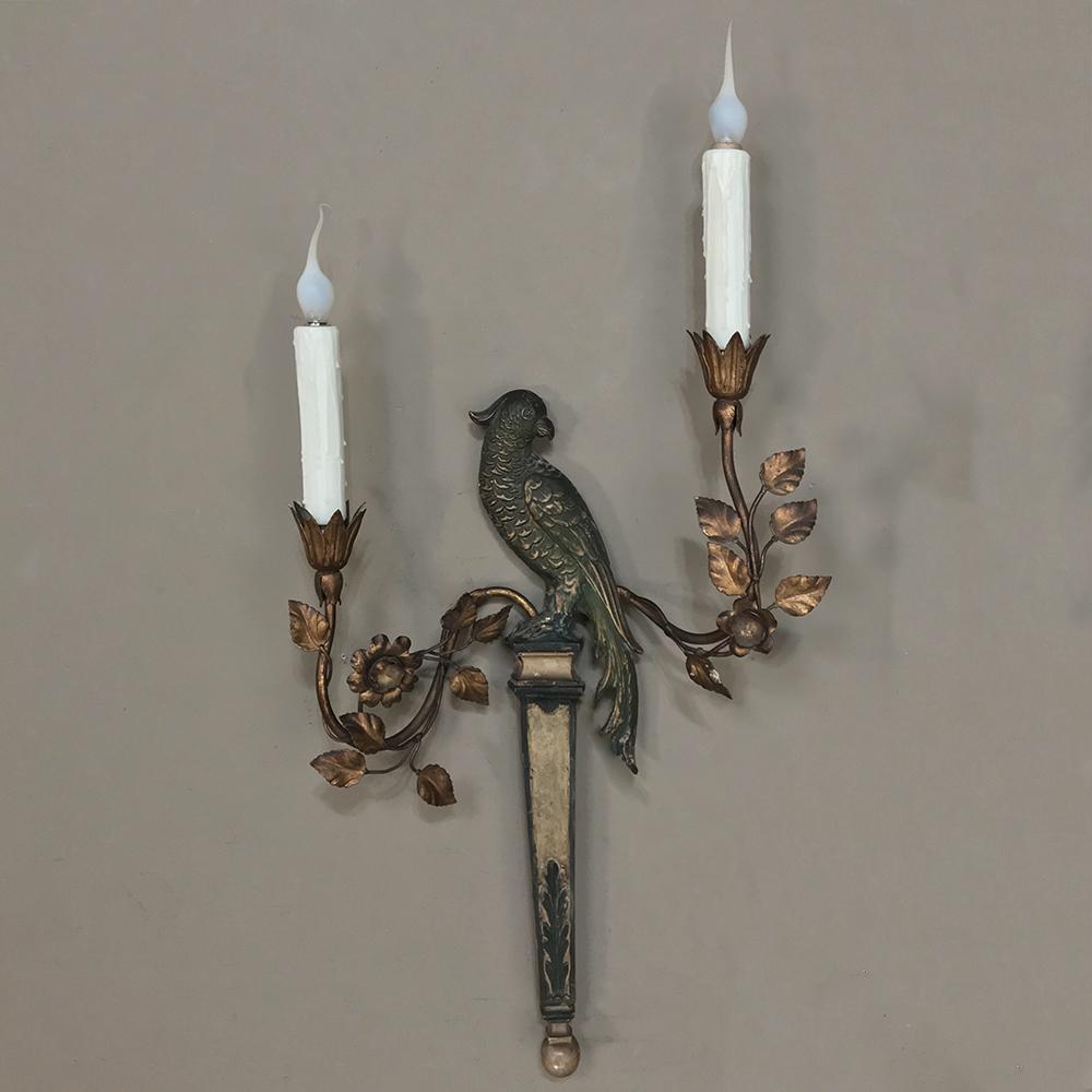 Art Deco Pair of French Bagues Style Carved and Gilded Wood Parrot Sconces, circa 1920
