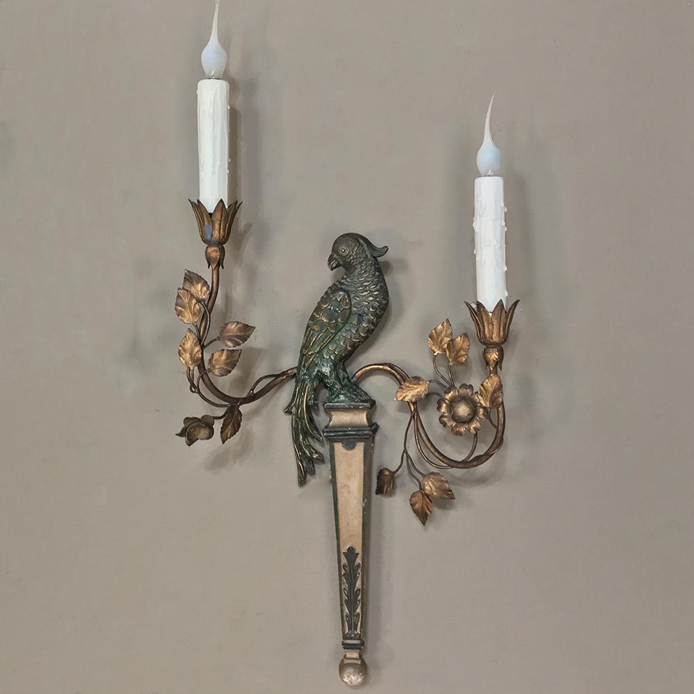 Hand-Carved Pair of French Bagues Style Carved and Gilded Wood Parrot Sconces, circa 1920