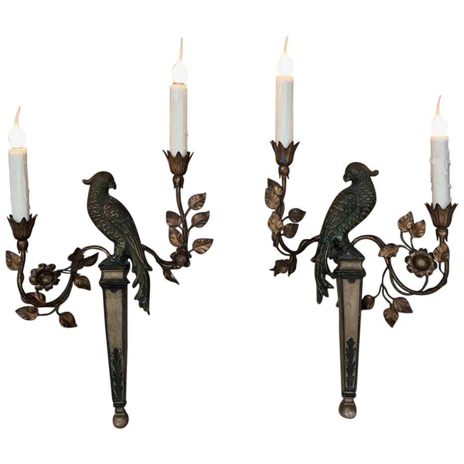 Pair of French Bagues Style Carved and Gilded Wood Parrot Sconces, circa 1920