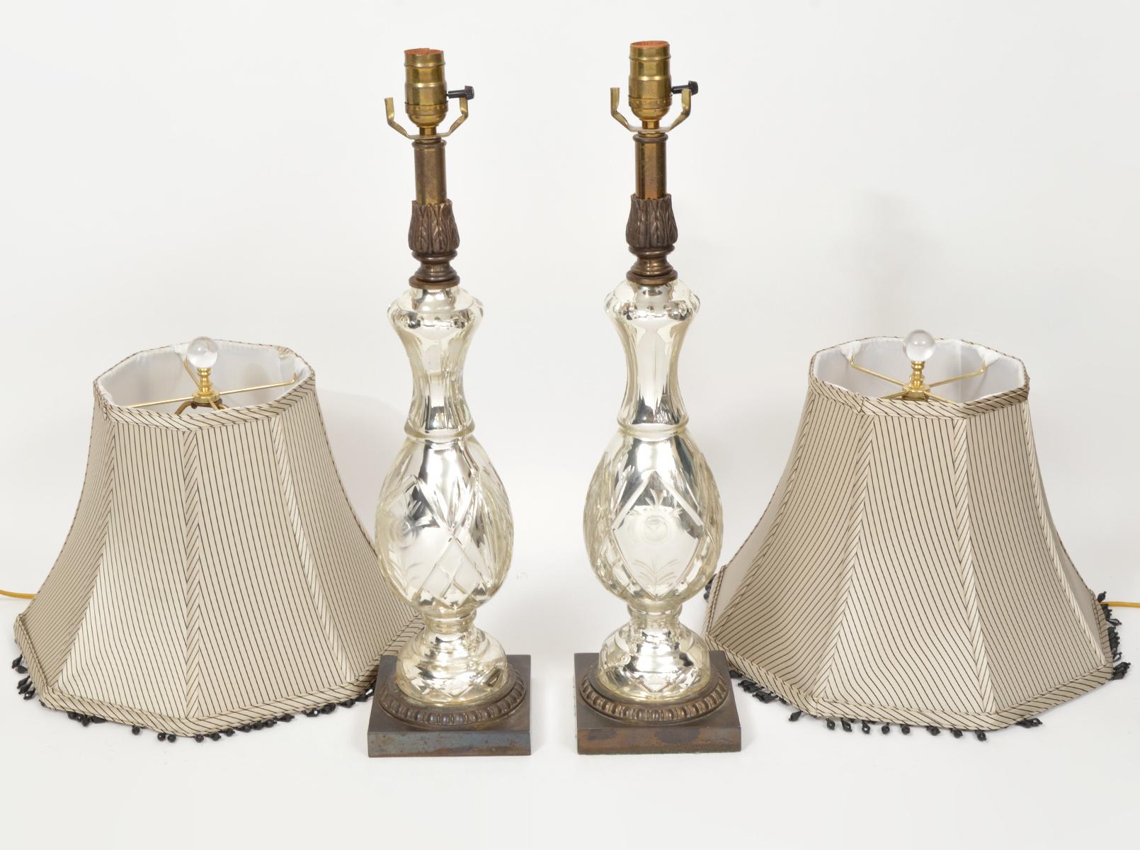 Belle Époque Pair of French Baluster Shape Cut Mercury Glass and Bronze Lamps