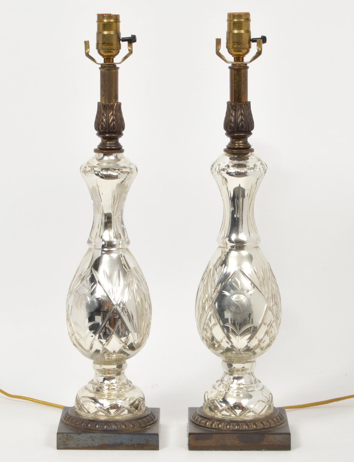 Pair of French Baluster Shape Cut Mercury Glass and Bronze Lamps In Good Condition In Ft. Lauderdale, FL