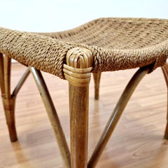 Pair of French Bamboo Rattan and Rope Stools, France 60s