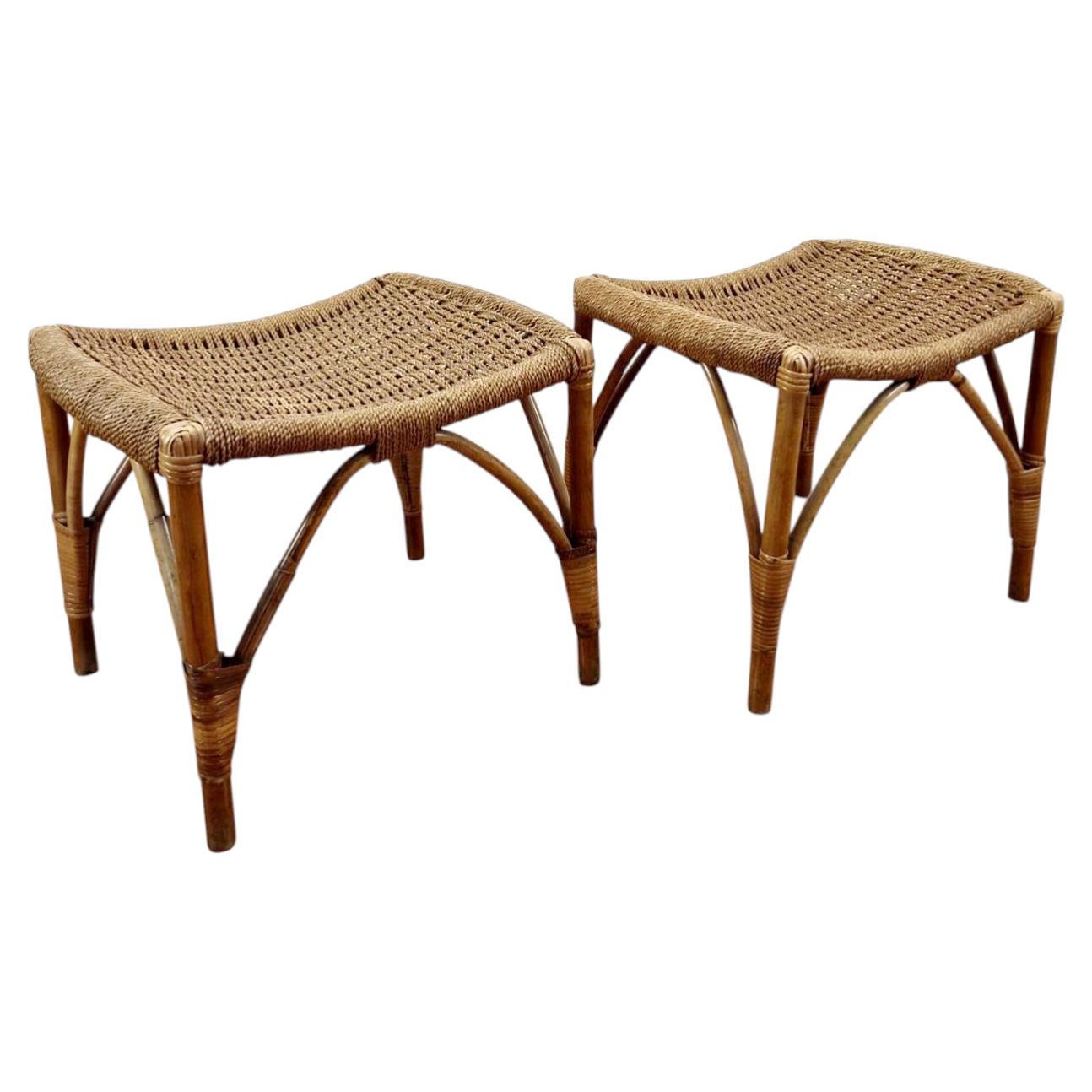 Pair of French Bamboo Rattan and Rope Stools, France 60s