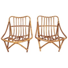 Pair of French Bamboo and Rattan Lounge Chairs, 1960's