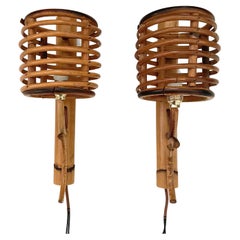 Pair of French Bamboo & Rattan Sconces in the style of Louis Sognot 