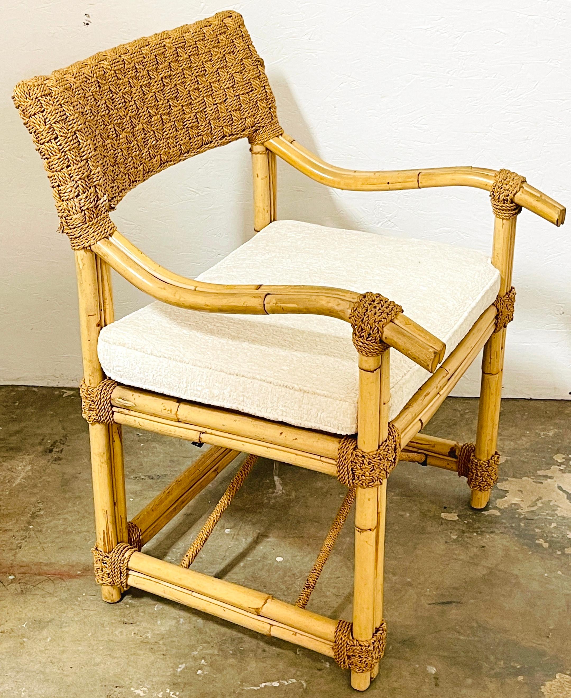 Pair of French Bamboo & Woven Seagrass Armchairs with Bouclé Seat Cushions  For Sale 4