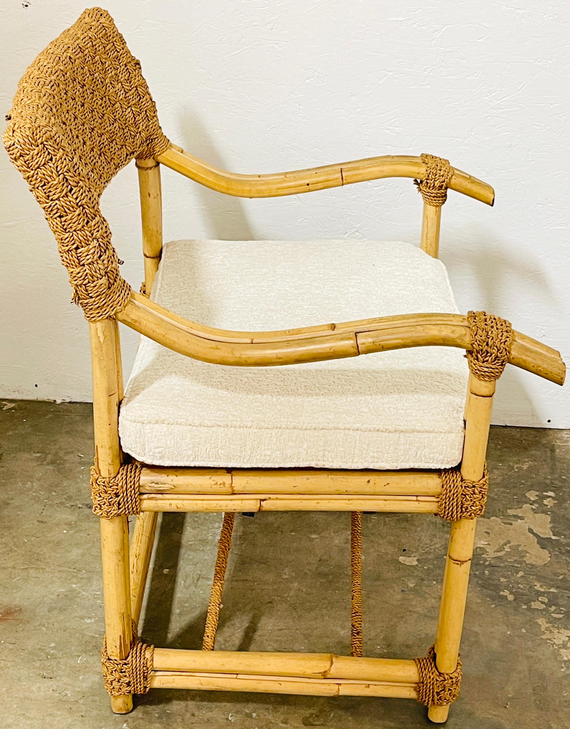 Pair of French Bamboo & Woven Seagrass Armchairs with Bouclé Seat Cushions  For Sale 5