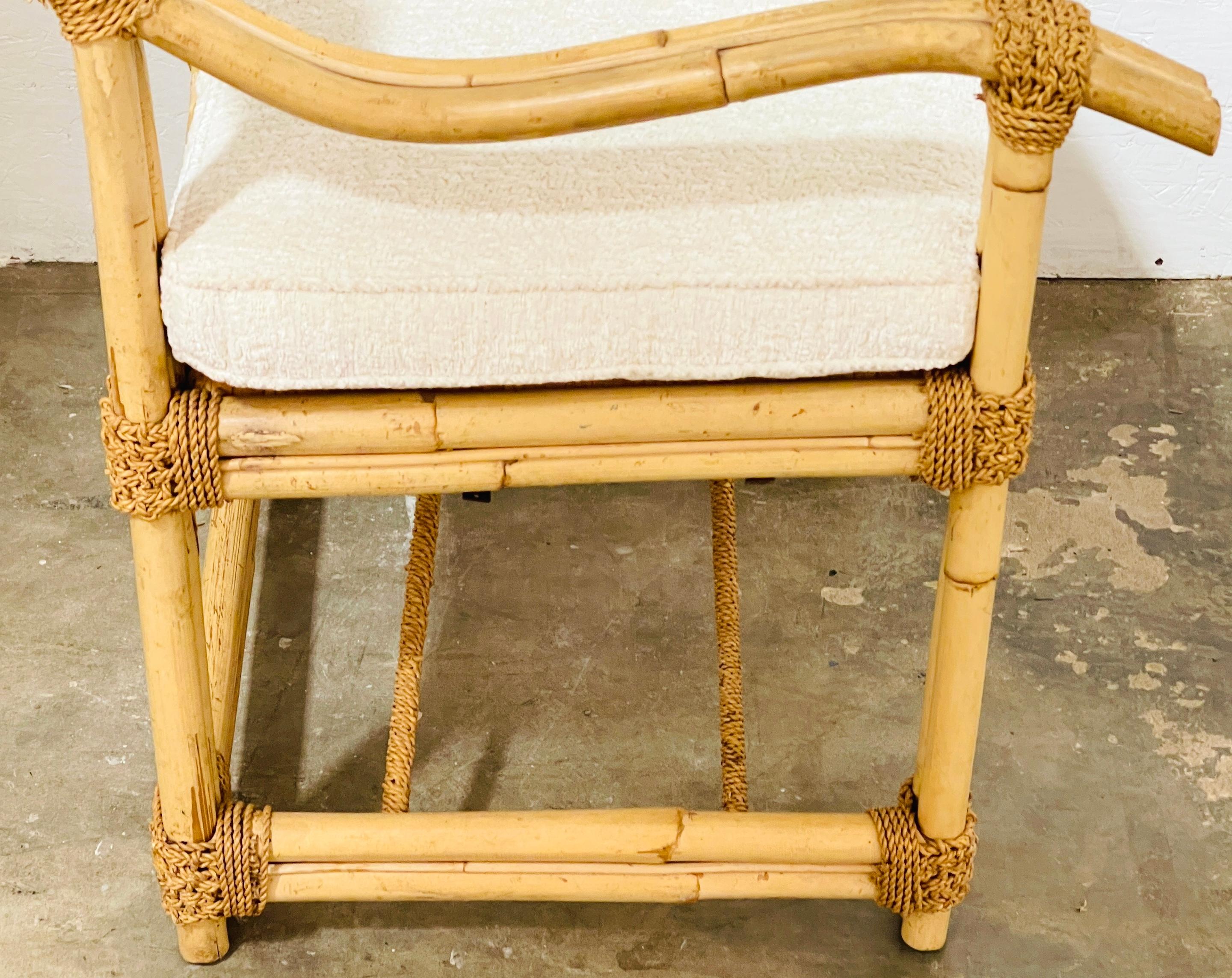 Pair of French Bamboo & Woven Seagrass Armchairs with Bouclé Seat Cushions  For Sale 6