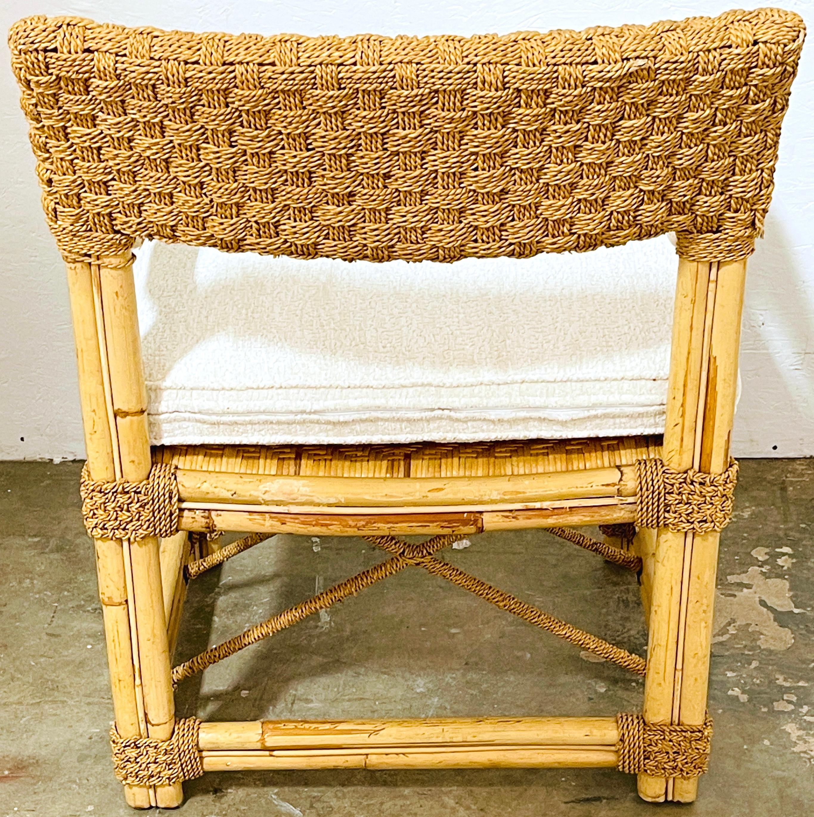 Pair of French Bamboo & Woven Seagrass Armchairs with Bouclé Seat Cushions  For Sale 7