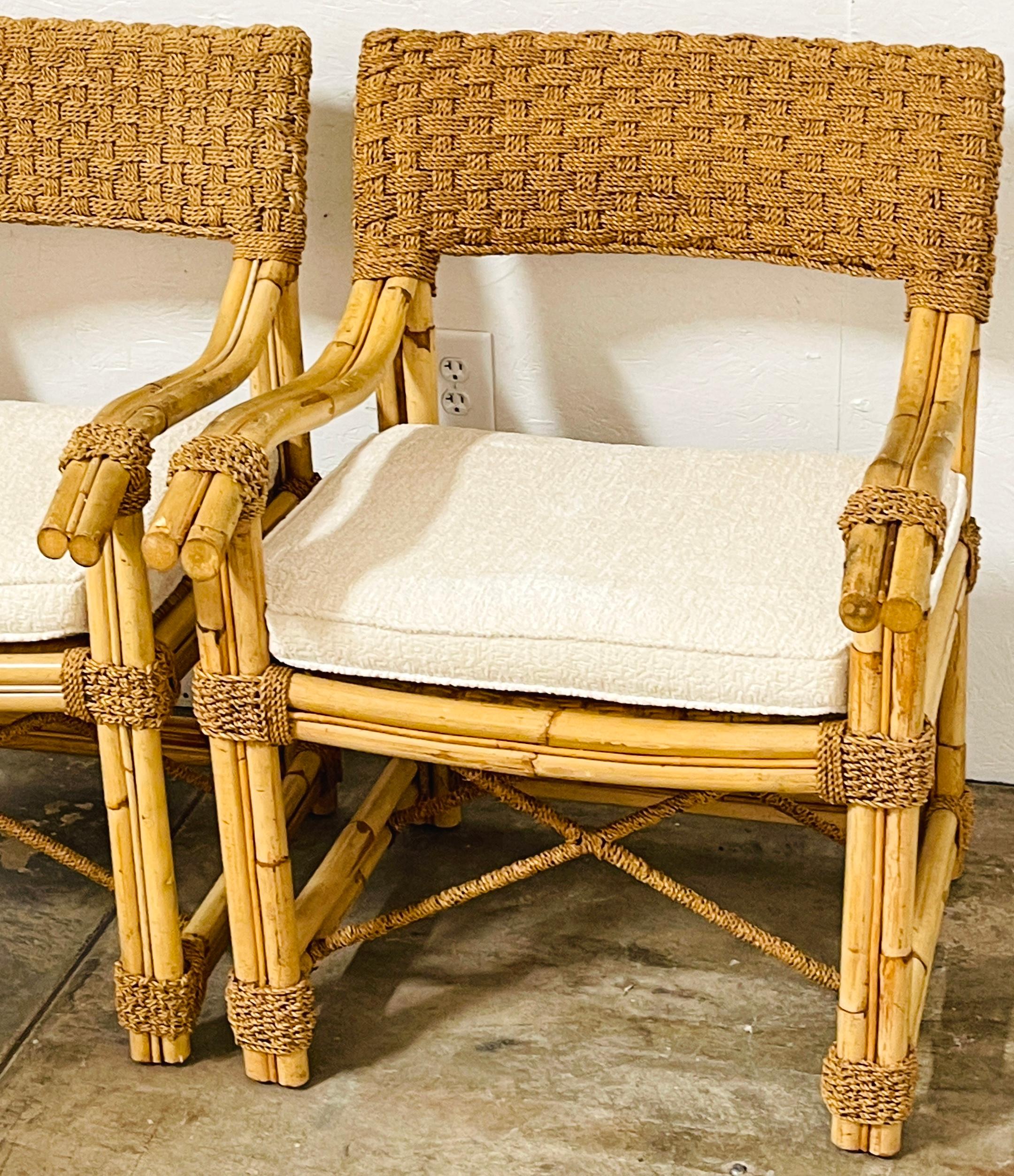 Modern Pair of French Bamboo & Woven Seagrass Armchairs with Bouclé Seat Cushions  For Sale