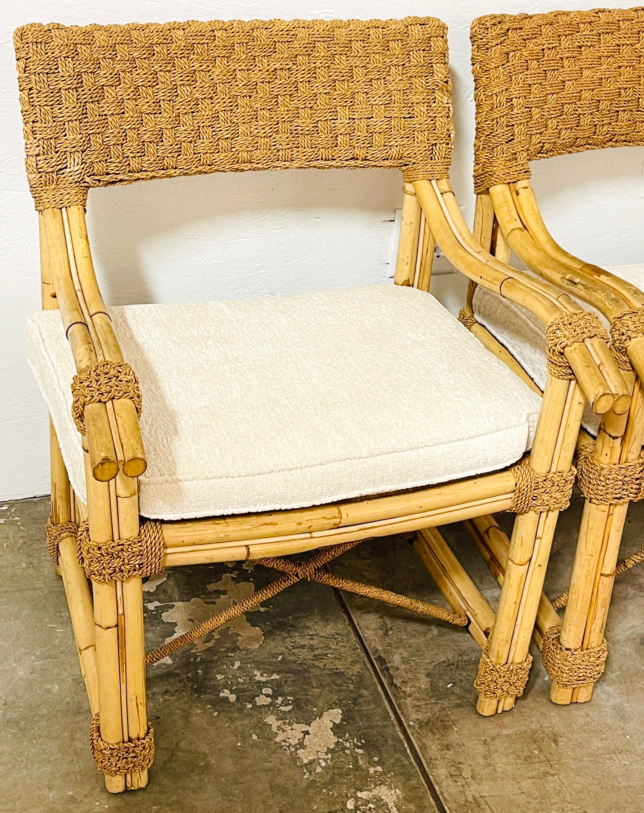 Pair of French Bamboo & Woven Seagrass Armchairs with Bouclé Seat Cushions  In Good Condition For Sale In West Palm Beach, FL