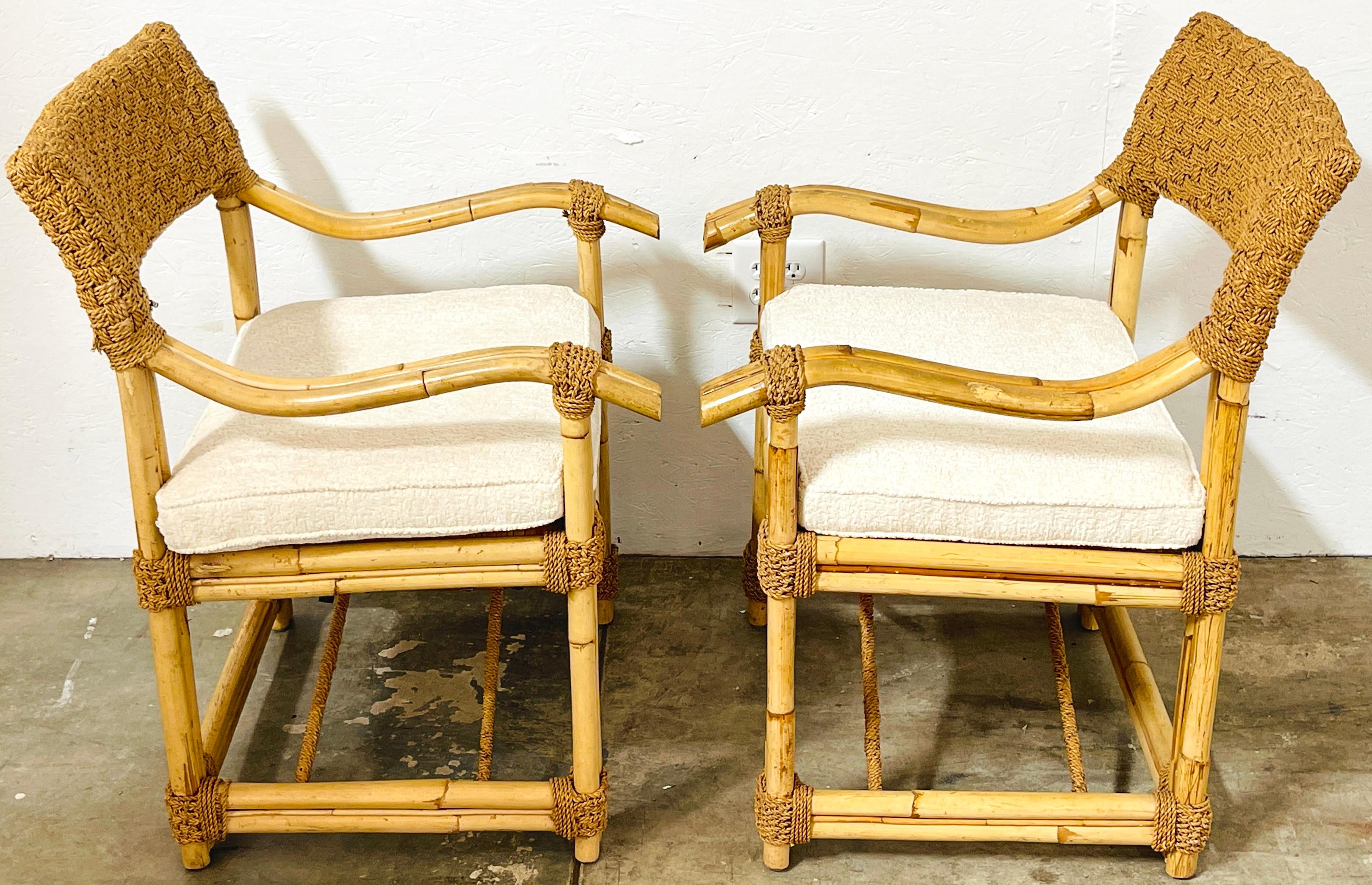 20th Century Pair of French Bamboo & Woven Seagrass Armchairs with Bouclé Seat Cushions  For Sale