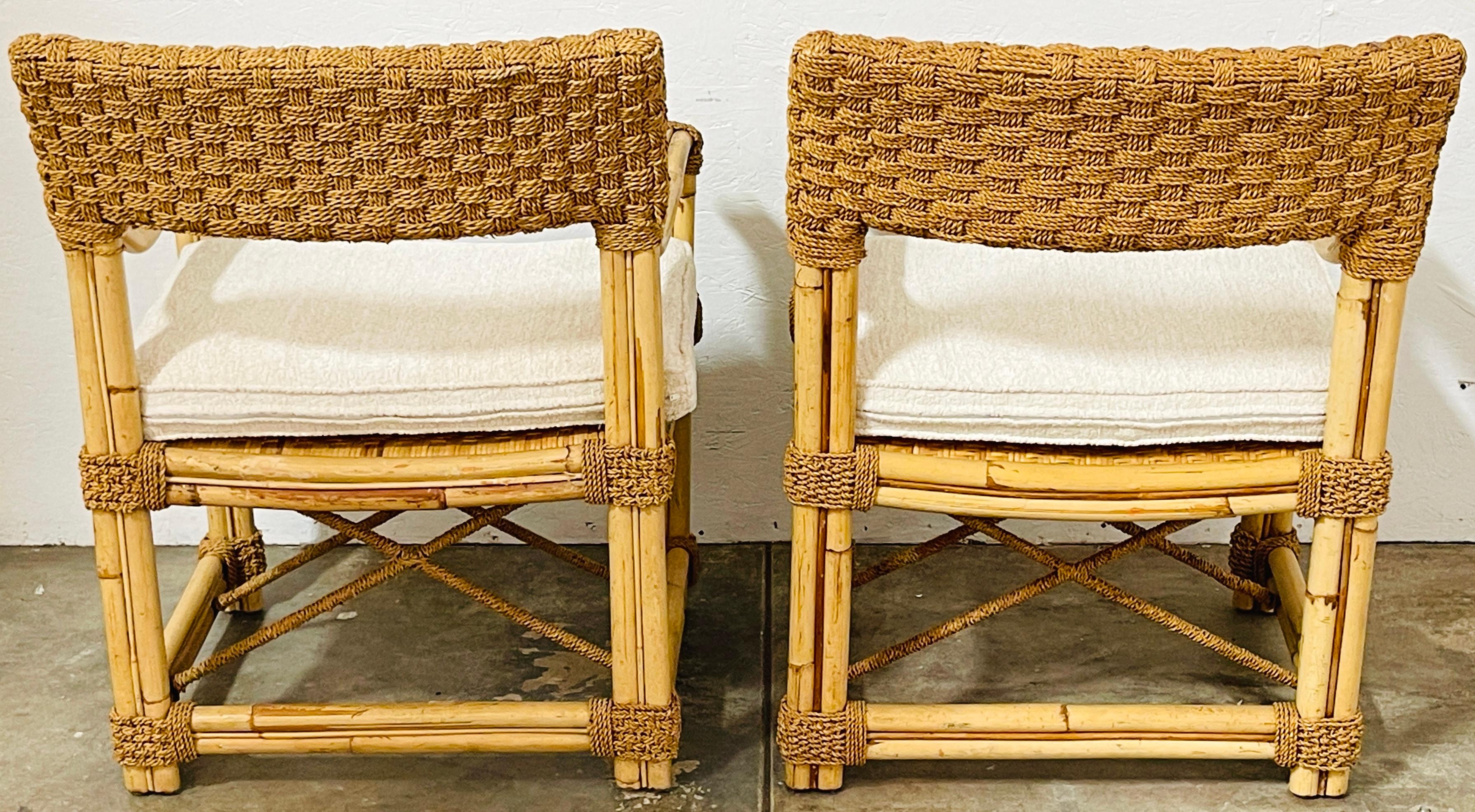 Upholstery Pair of French Bamboo & Woven Seagrass Armchairs with Bouclé Seat Cushions  For Sale