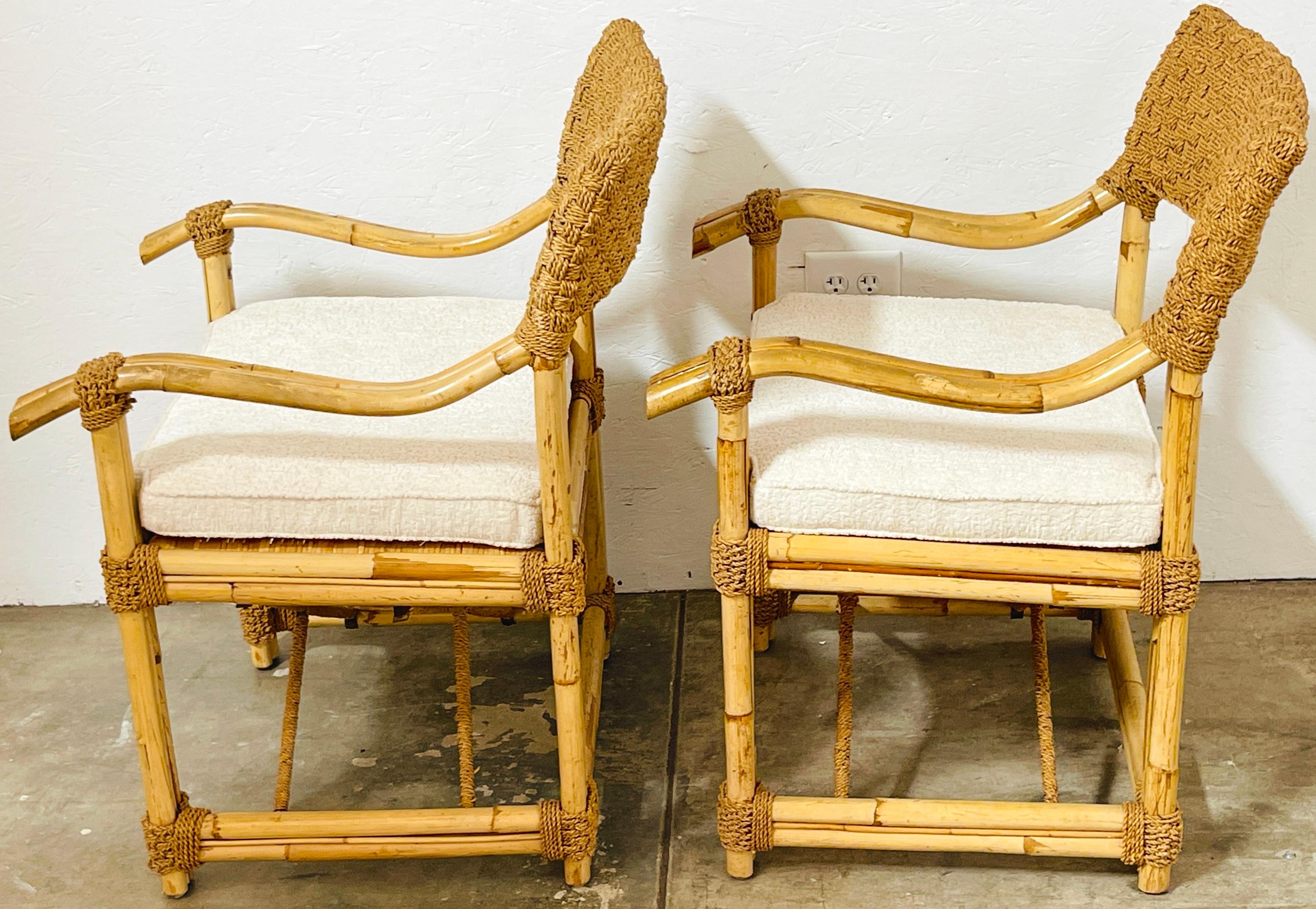 Pair of French Bamboo & Woven Seagrass Armchairs with Bouclé Seat Cushions  For Sale 1