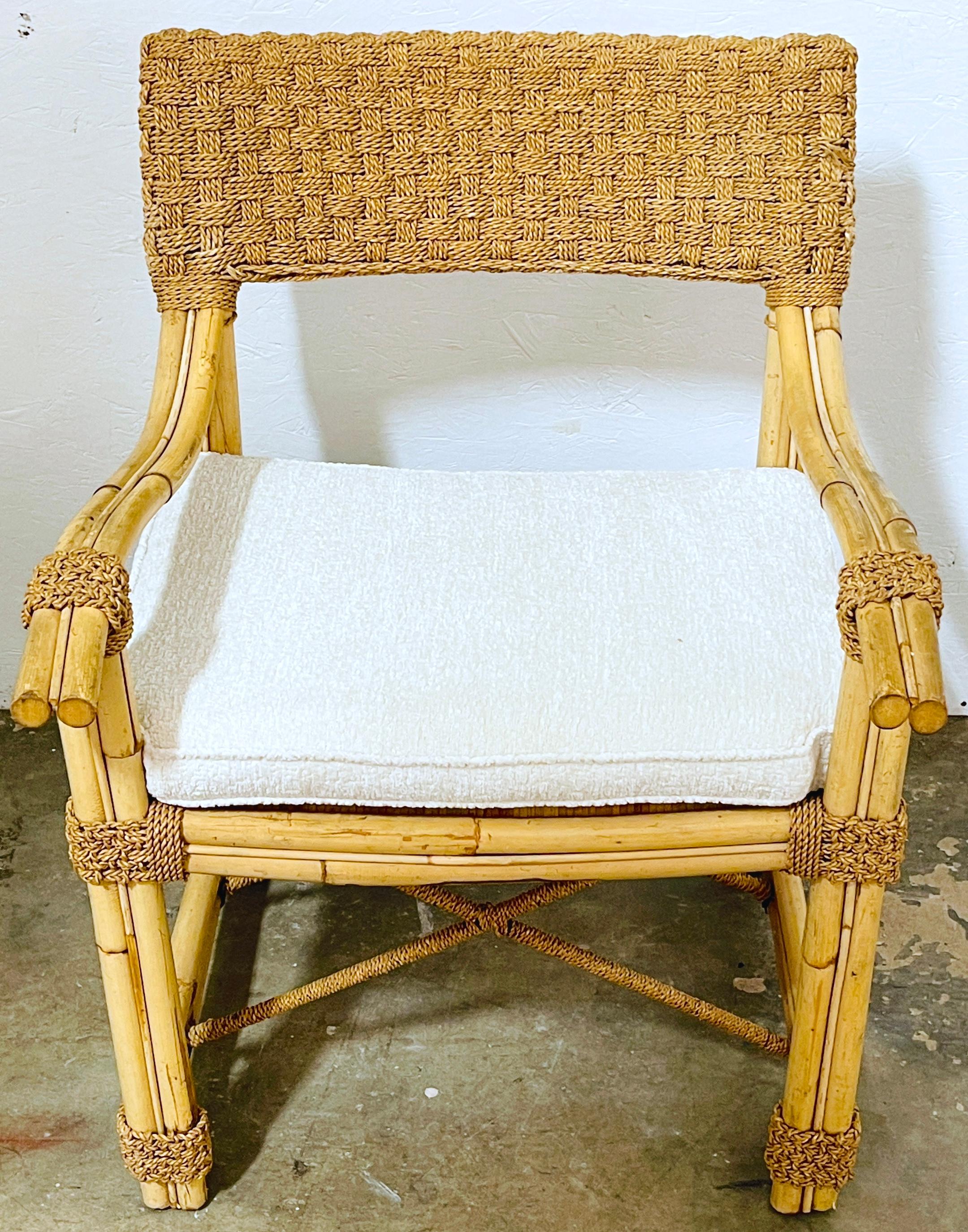Pair of French Bamboo & Woven Seagrass Armchairs with Bouclé Seat Cushions  For Sale 3