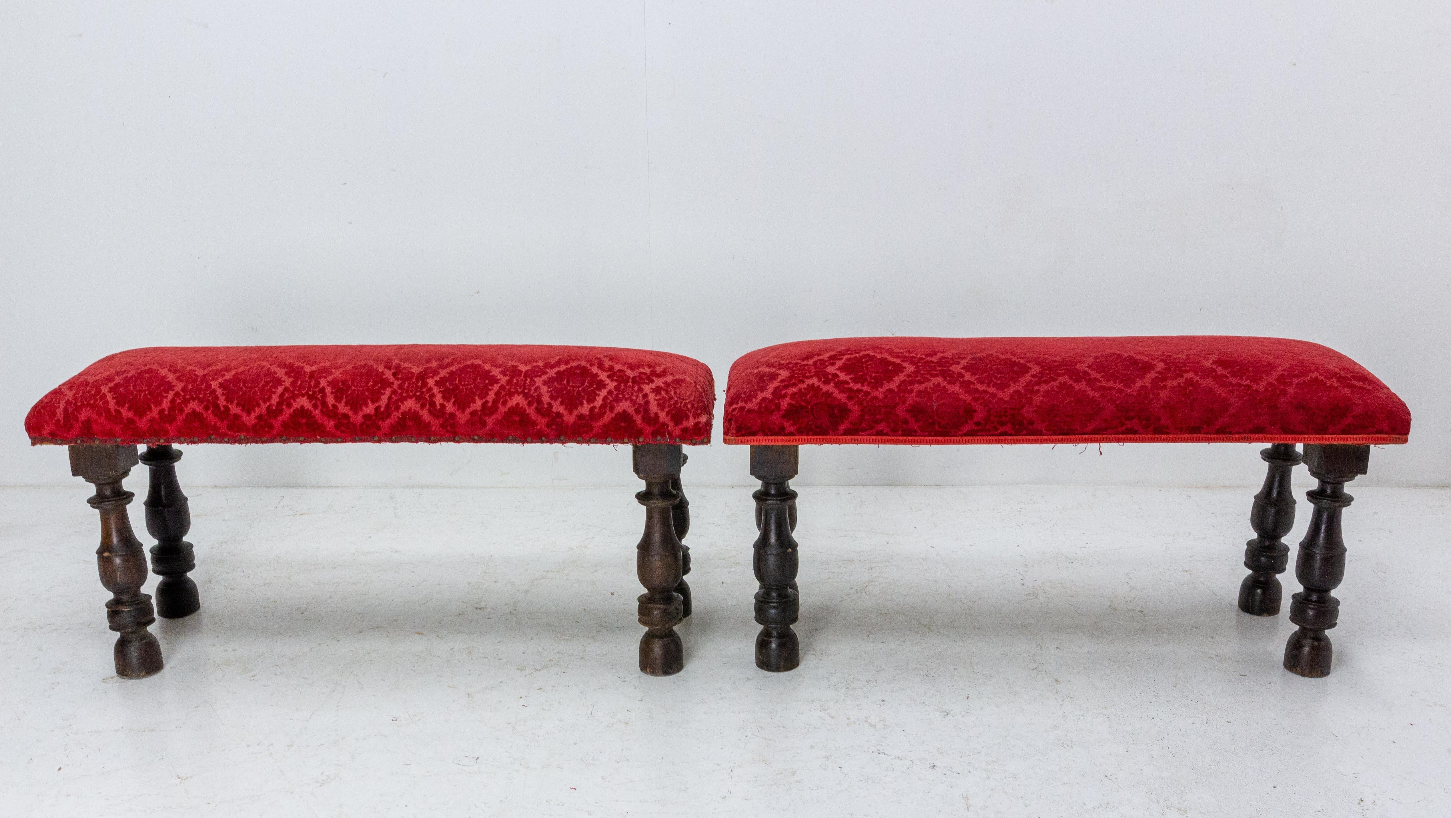 Pair of French Banquettes Benches Chestnut and Upholstery, circa 1900 In Good Condition For Sale In Labrit, Landes