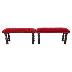 Pair of French Banquettes Benches Chestnut and Upholstery, circa 1900