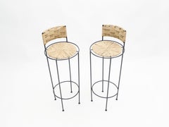 Pair of French Bar Stools Rope and Metal by Audoux Minet, 1950s
