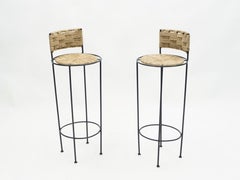 Paar französische Barhocker aus Seil und Metall von Audoux Minet, 1950er Jahre