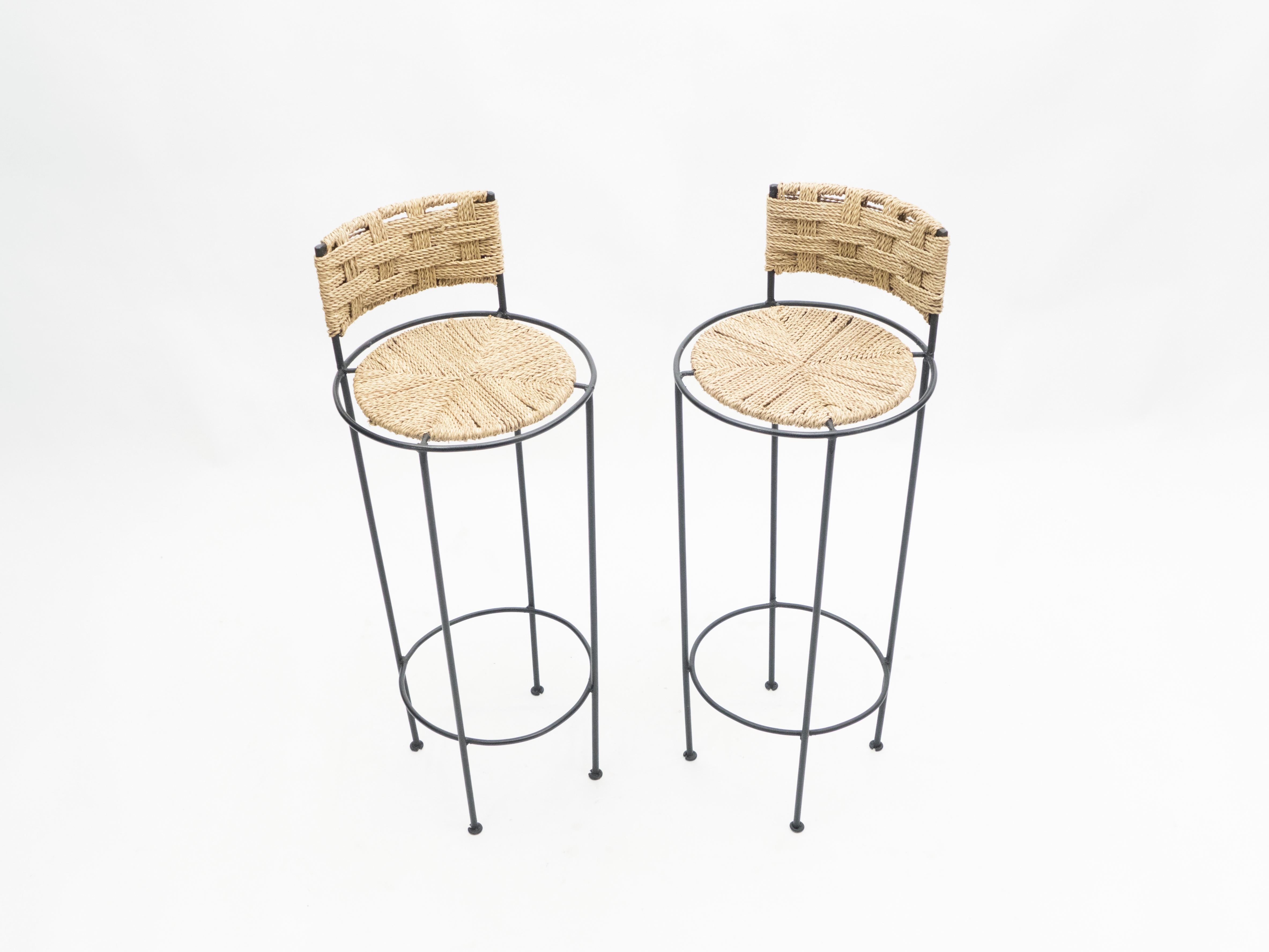 Mid-Century Modern Pair of French Bar Stools Rope and Metal by Audoux Minet, 1950s For Sale