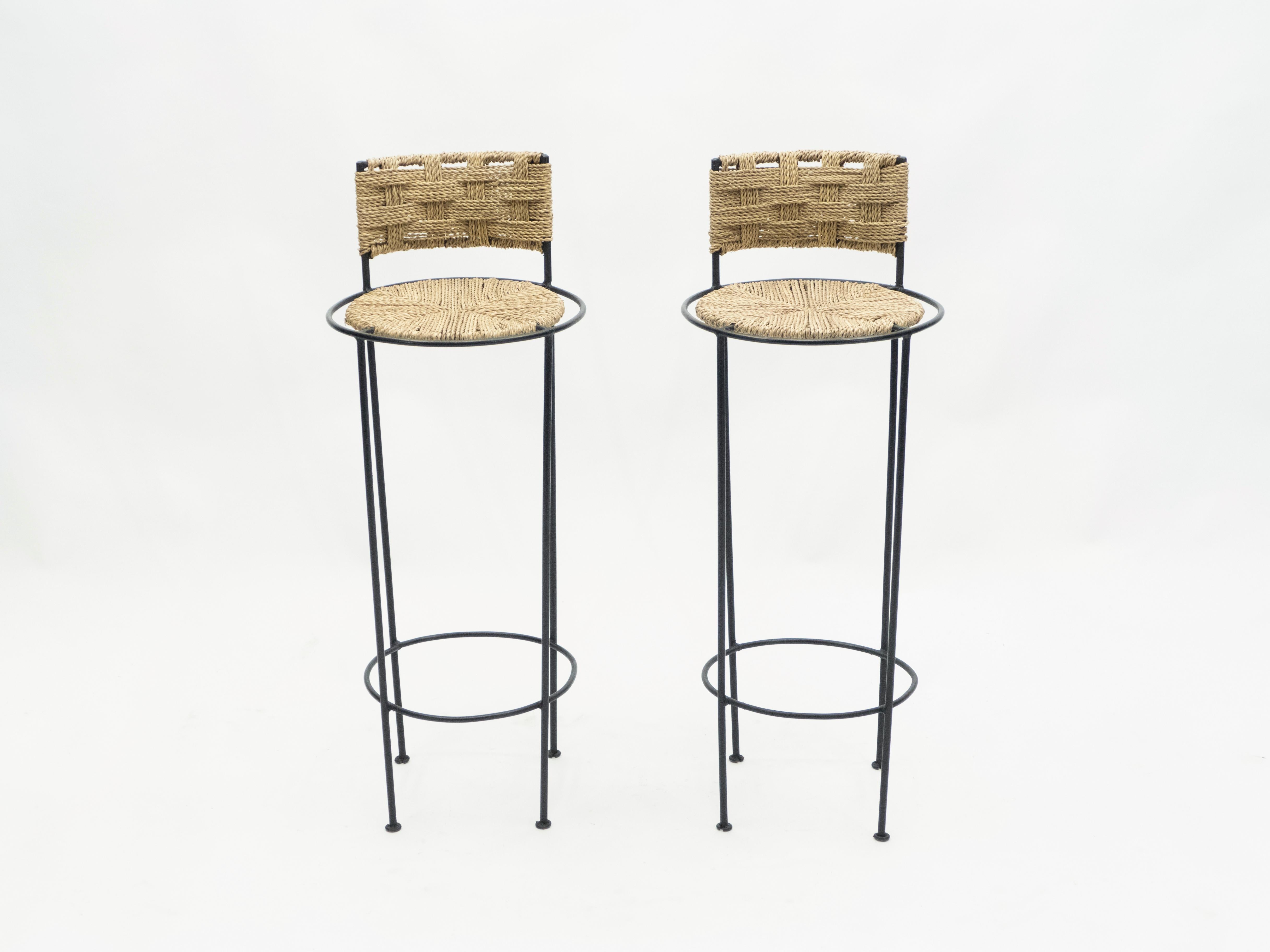 Pair of French Bar Stools Rope and Metal by Audoux Minet, 1950s In Good Condition For Sale In Paris, IDF