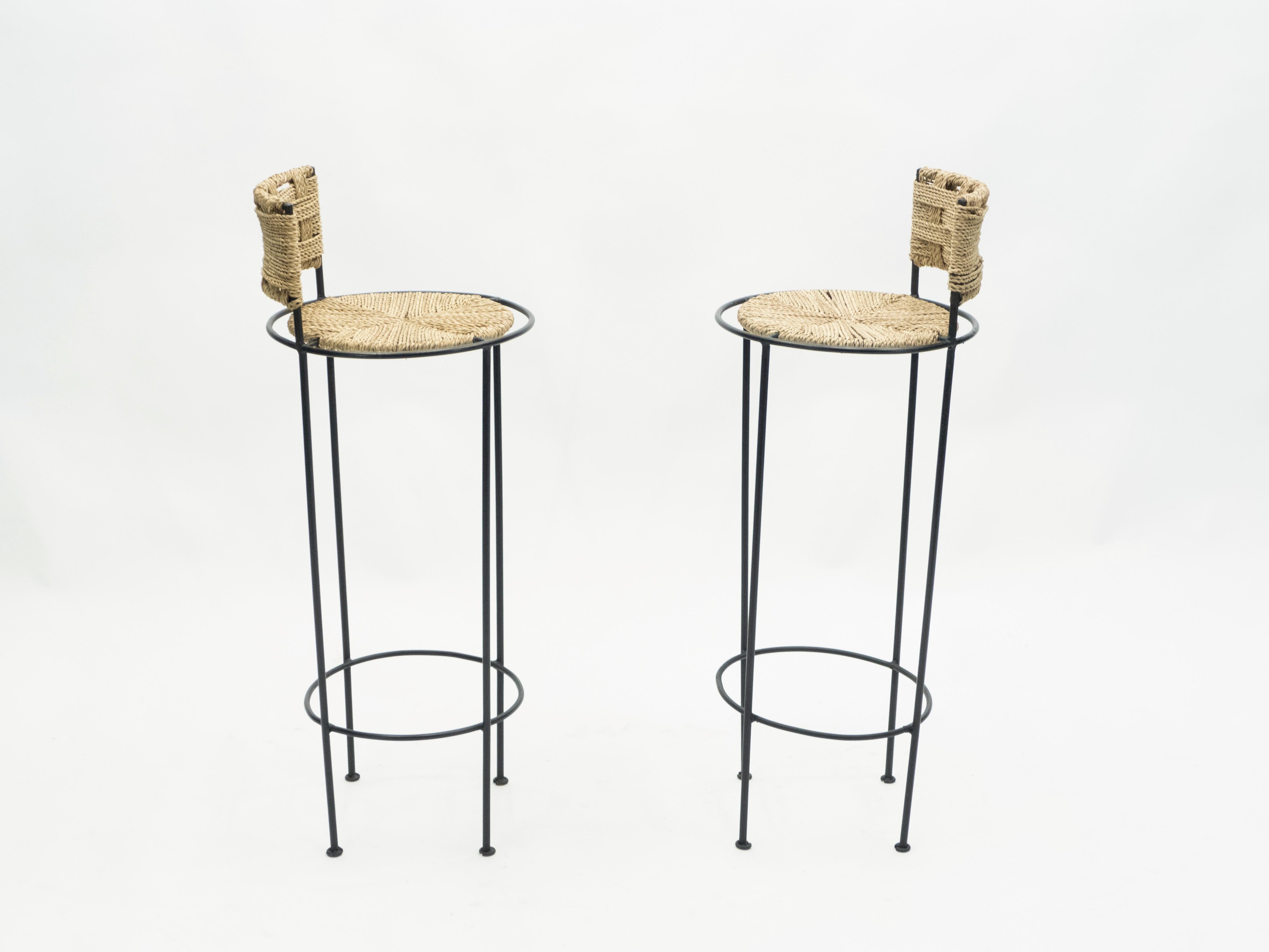 Mid-20th Century Pair of French Bar Stools Rope and Metal by Audoux Minet, 1950s