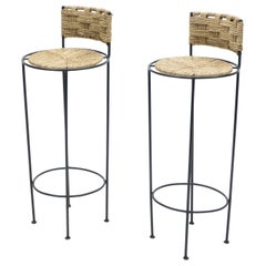 Pair of French Bar Stools Rope and Metal by Audoux Minet, 1950s