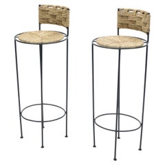 Pair of French Bar Stools Rope and Metal by Audoux Minet, 1950s