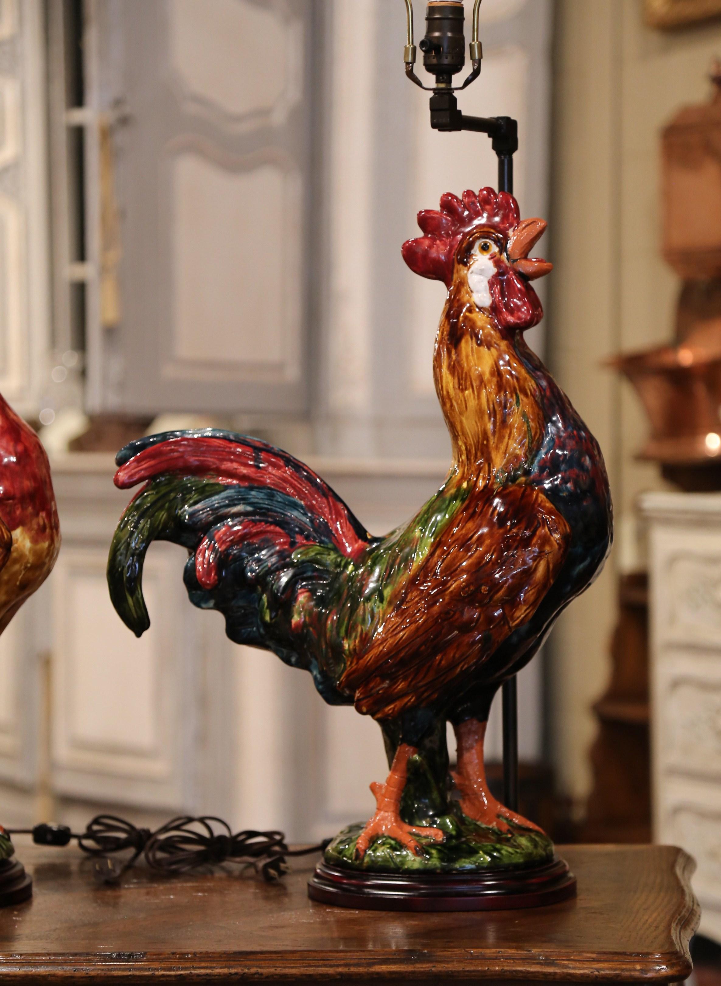 Pair of French Barbotine Ceramic Roosters Converted into Table Lamps 1