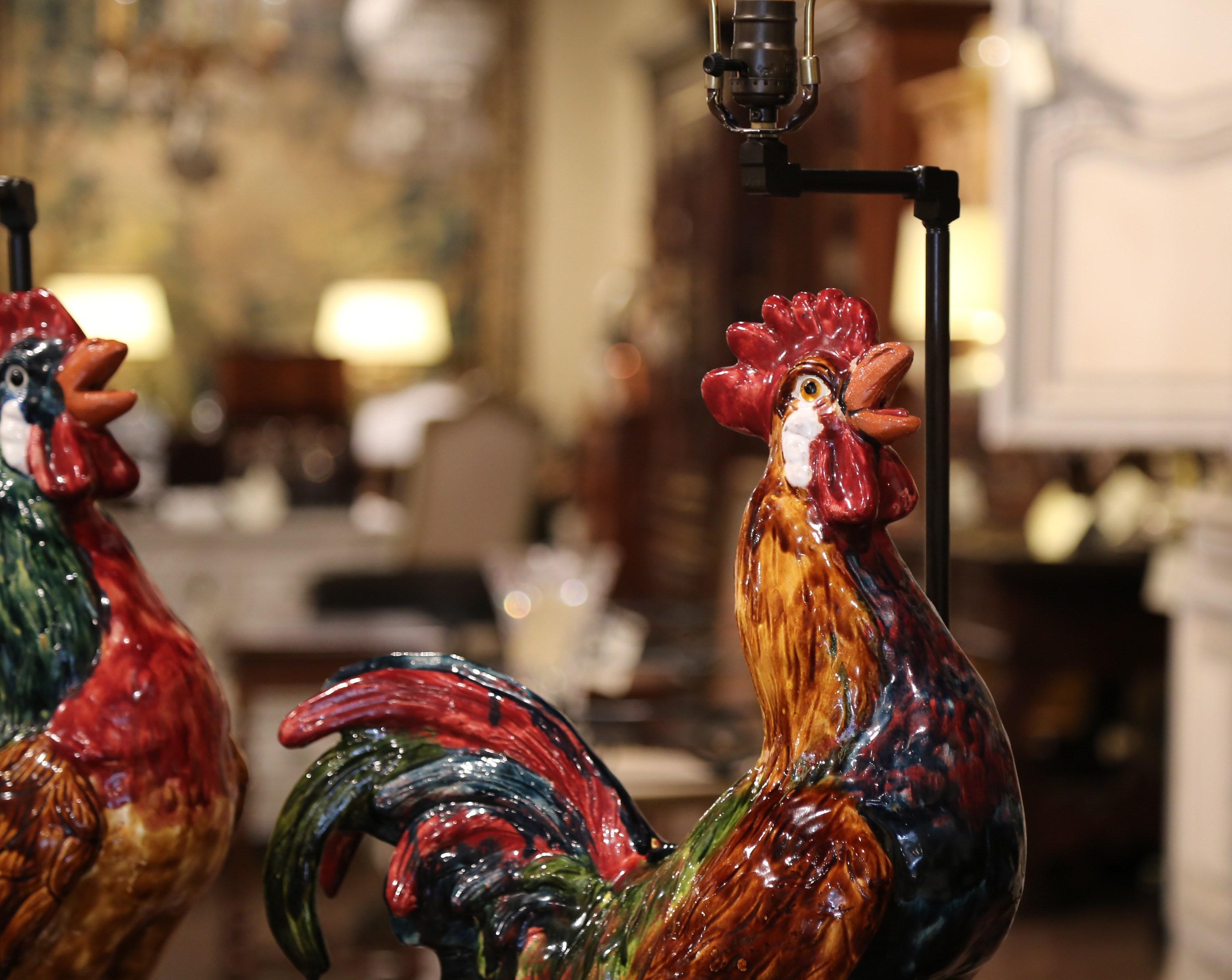 Pair of French Barbotine Ceramic Roosters Converted into Table Lamps 2