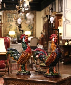 Pair of French Barbotine Ceramic Roosters Converted into Table Lamps