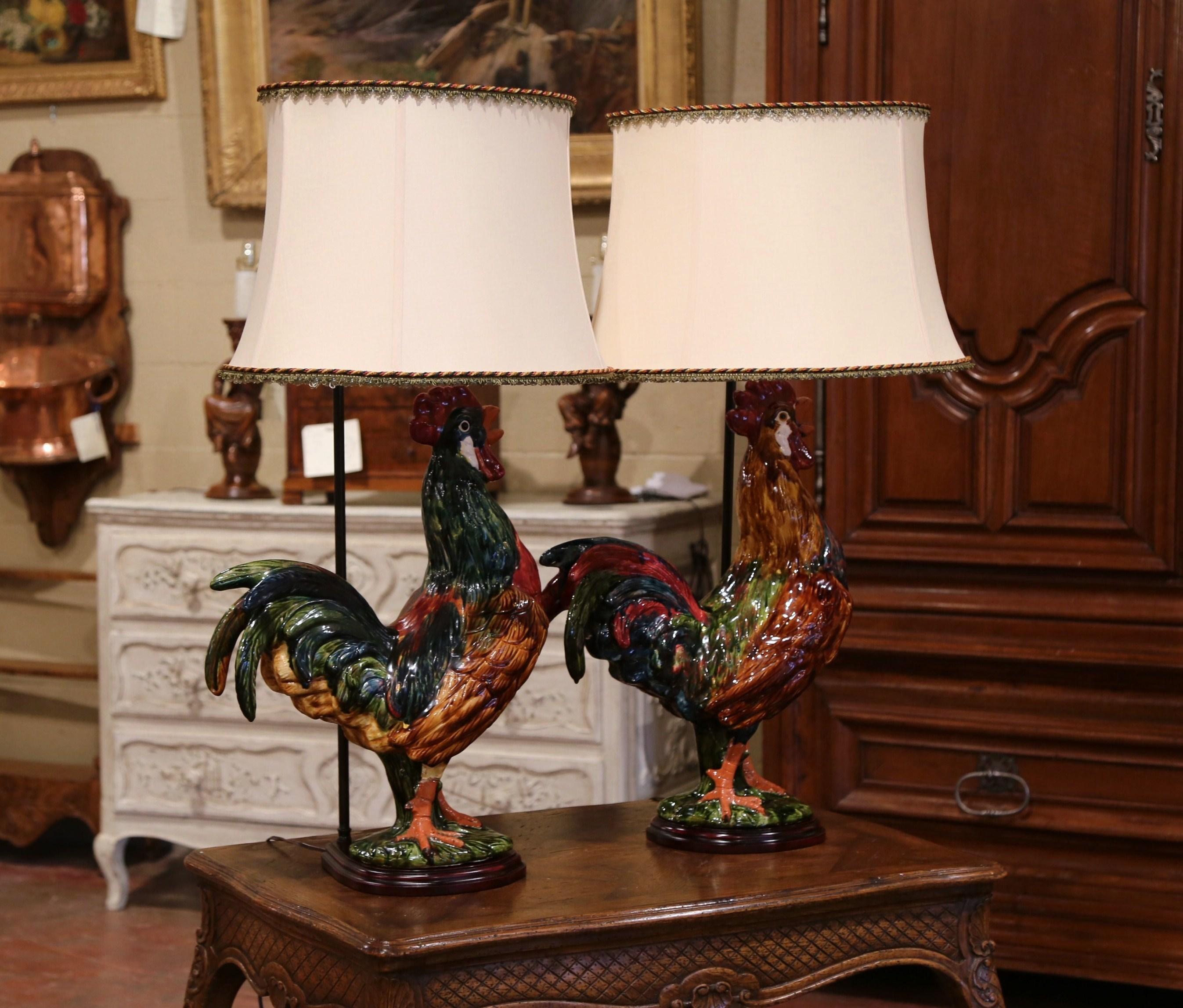 Country Pair of French Barbotine Ceramic Roosters Converted into Table Lamps