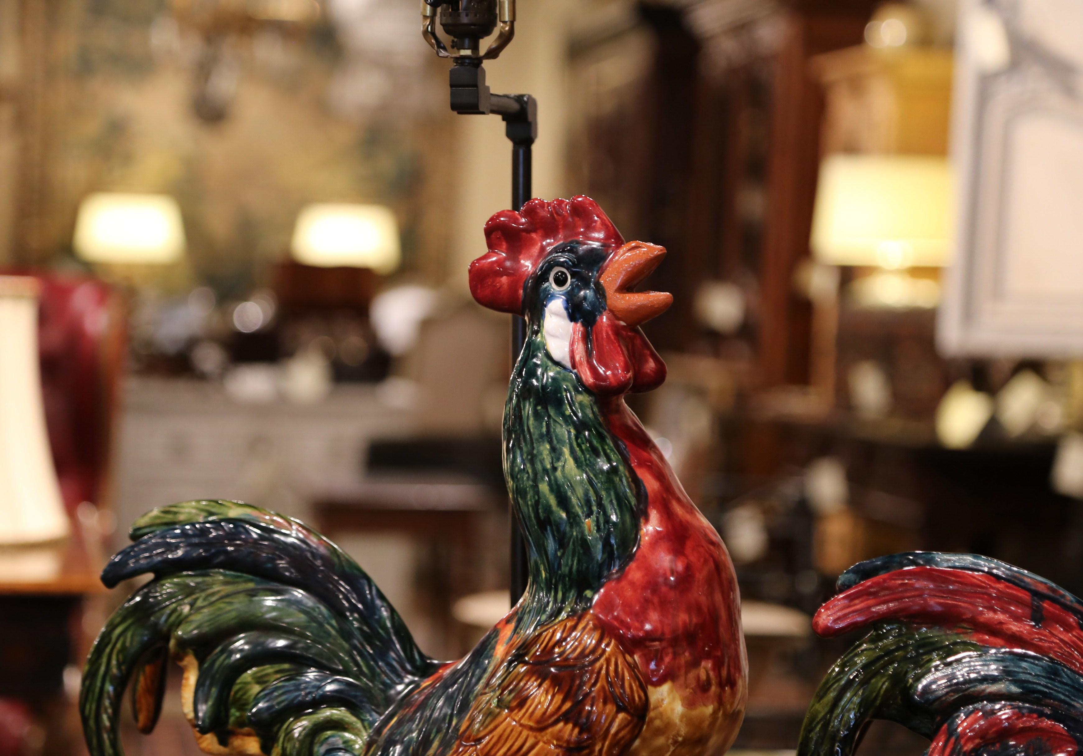 20th Century Pair of French Barbotine Ceramic Roosters Converted into Table Lamps